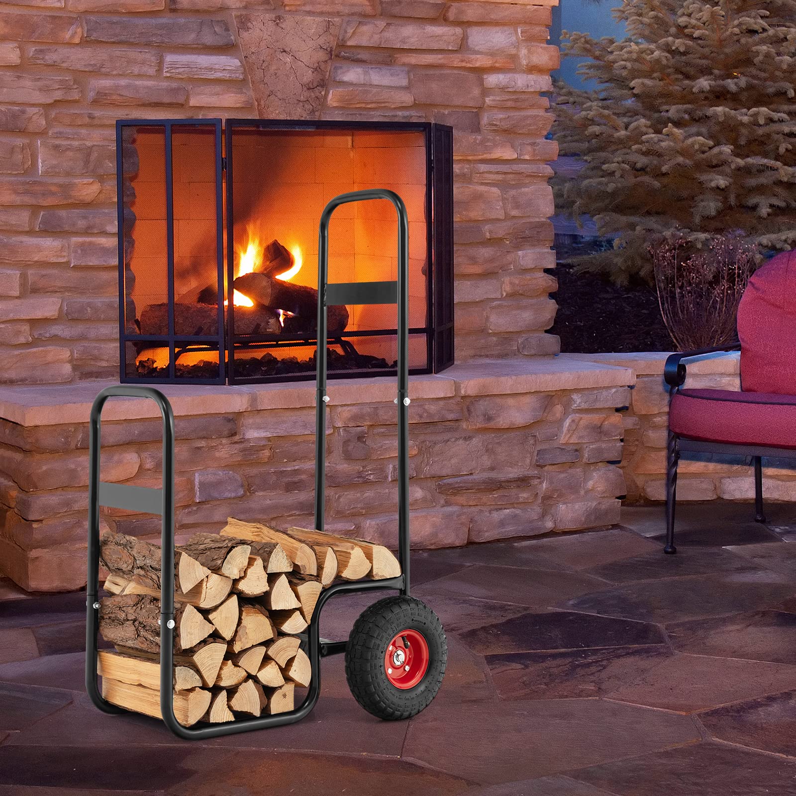 Goplus Firewood Log Cart, Outdoor Indoor Firewood Rack Storage Mover ...