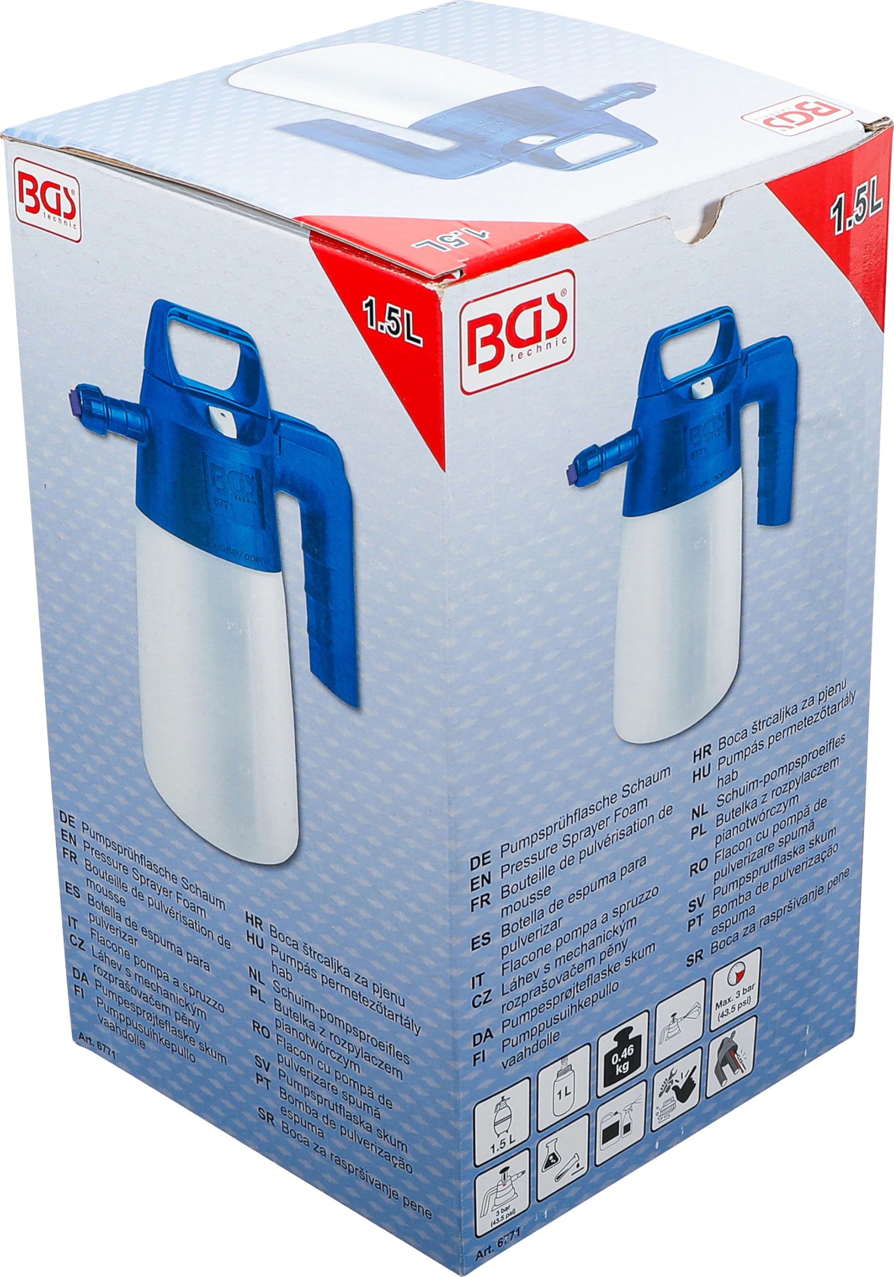 BGS 6771 | Pumpsprühflasche Schaum | 1,5 l | 2,5 bar | Nutzinhalt 0,75 l | Flachstrahldüse | Füllstandanzeiger | 10 Ersatzfilter, 3 Düsen