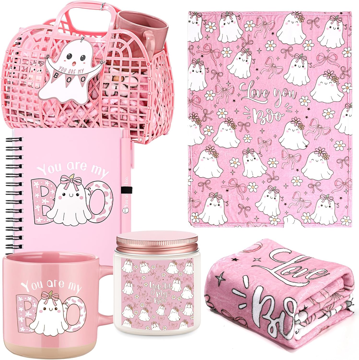 Roshtia 1 Set 7Pcs Halloween You're My Boo Basket Gifts for Women Adult Girls Girlfriend You're My Boo Pink Ghost Handbag Throw Blanket Coffee Mug Candle Jar Spiral Journal Pen Card Stuffers