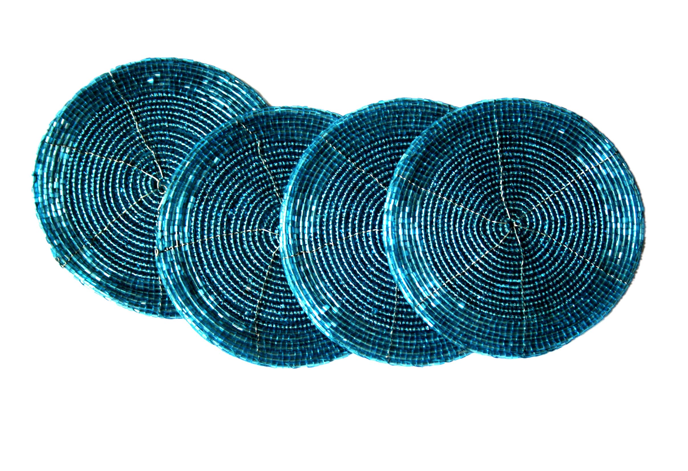 Terraacraft Shimmering Indian Handmade Beaded Coasters Round Christmas Coasters for Dining Table, Suitable for Cold Drinks Cups, Wooden Table Decor House Warming New Home Gift 4"(Set of 4, Aqua Blue)