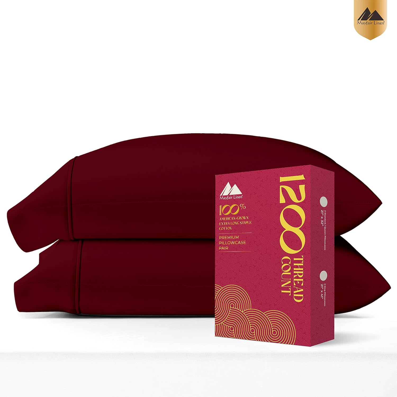 Mayfair Linen 1200 TC Burgundy King Pillowcase Set of 2, Extra Long Staple Pure 100