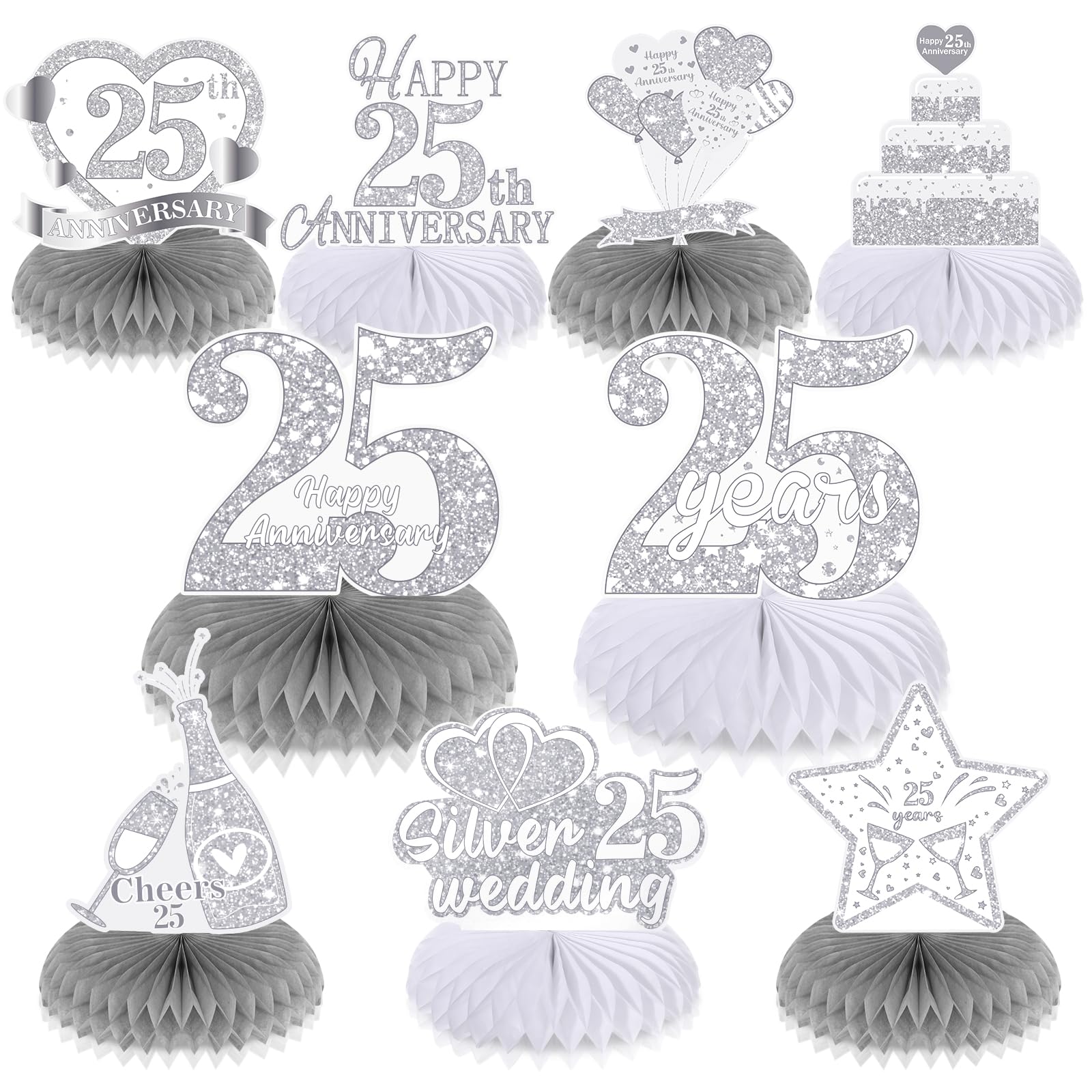9 piezas de decoraciones de plata para aniversario de boda número 25, aniversario de boda, centro de mesa de panal de abeja, decoración de mesa de aniversario de boda, decoración de panal