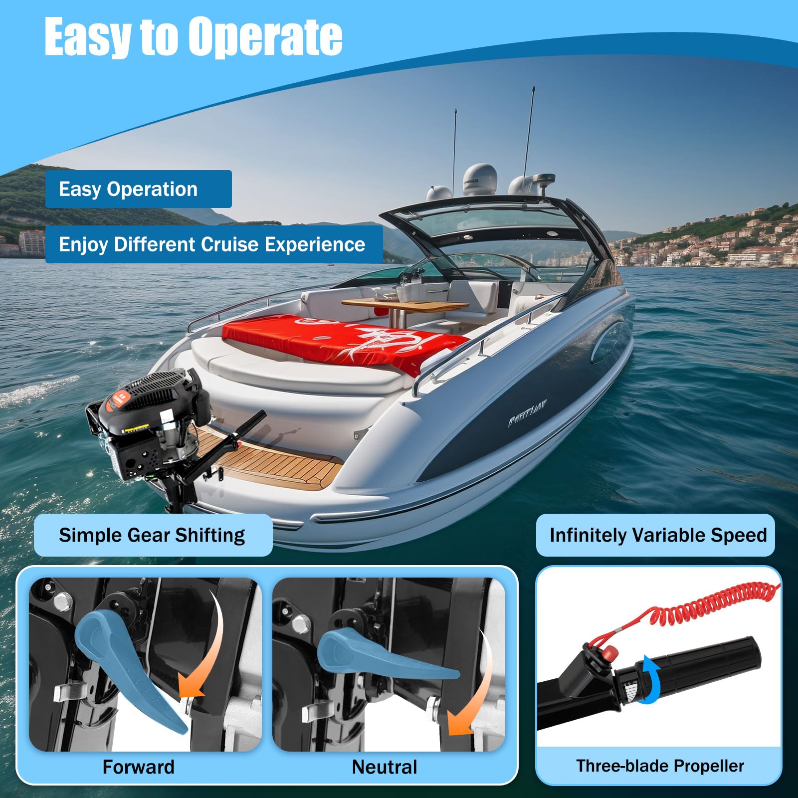 4-Takt 6 PS Außenbordmotor, 140ccm, Luftgekühlt, für Schlauchboote, Fischerboote, mit Handzugstart & 360° Lenkung