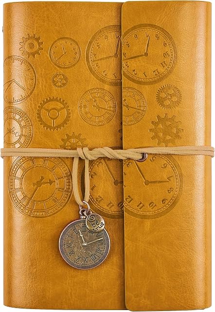 Leather Journal Notebook, Refillable Notebook with Lined Pages Vintage Writing Travelers Notebook Spiral Bound Journal, Gift for Men and Women Classic Embossed Retro Pendants 18 x 13 cmA6, Yellow)