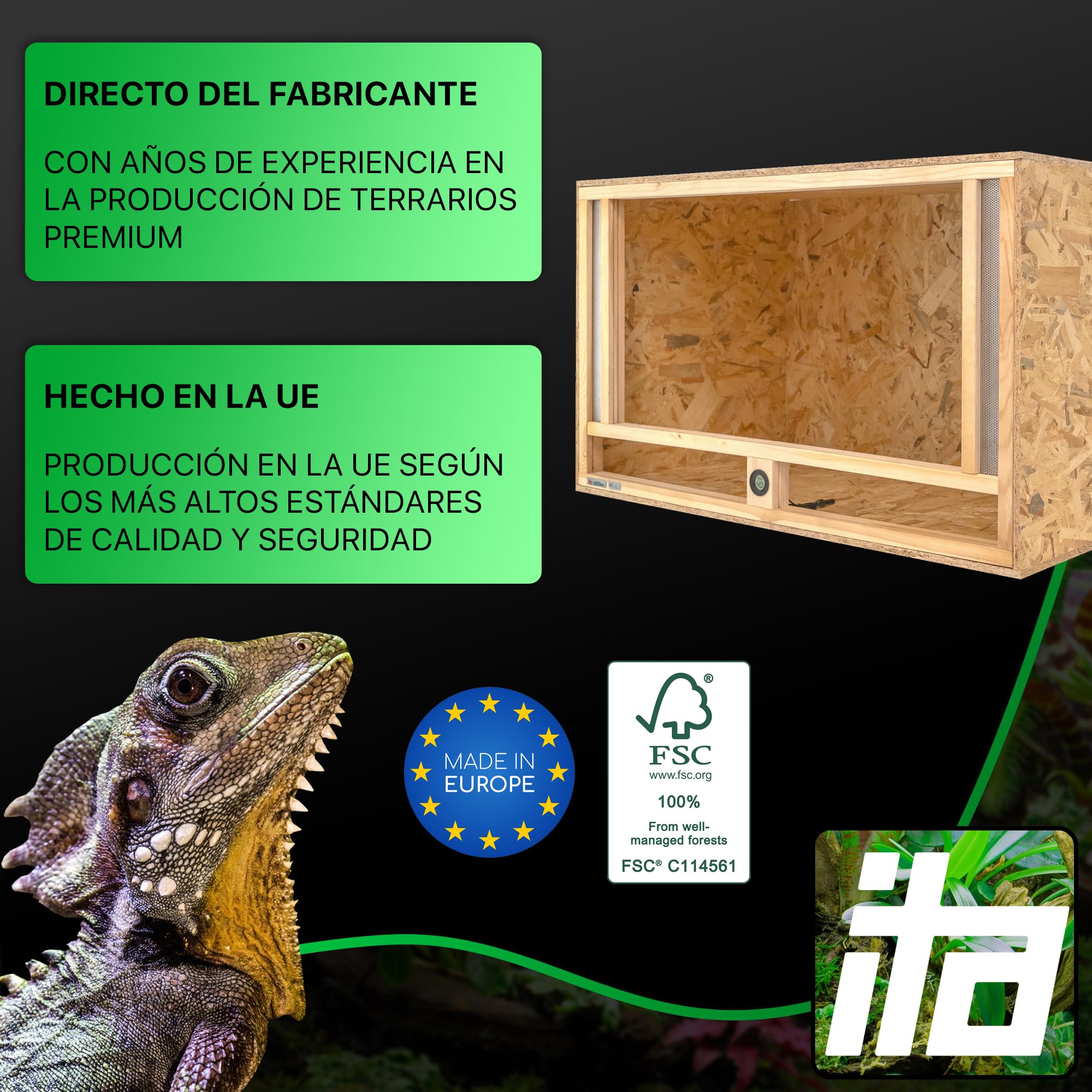 ITA Terrario de Madera 120x60x60 cm con ventilación Frontal e higrómetro Integrado - Terrarios de OSB-3 - para Reptiles, Serpientes, Anfibios - Producto UE, Certificado FSC