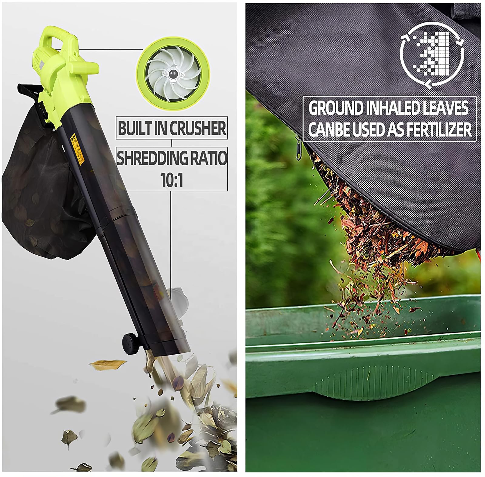 Soffiatore e aspiratore per foglie da giardino 3 in 1, trituratore e aspiratore per foglie, aspiratore e soffiatore da giardino con cavo con sacco di raccolta foglie da 35 litri e tracolla,10:1 green