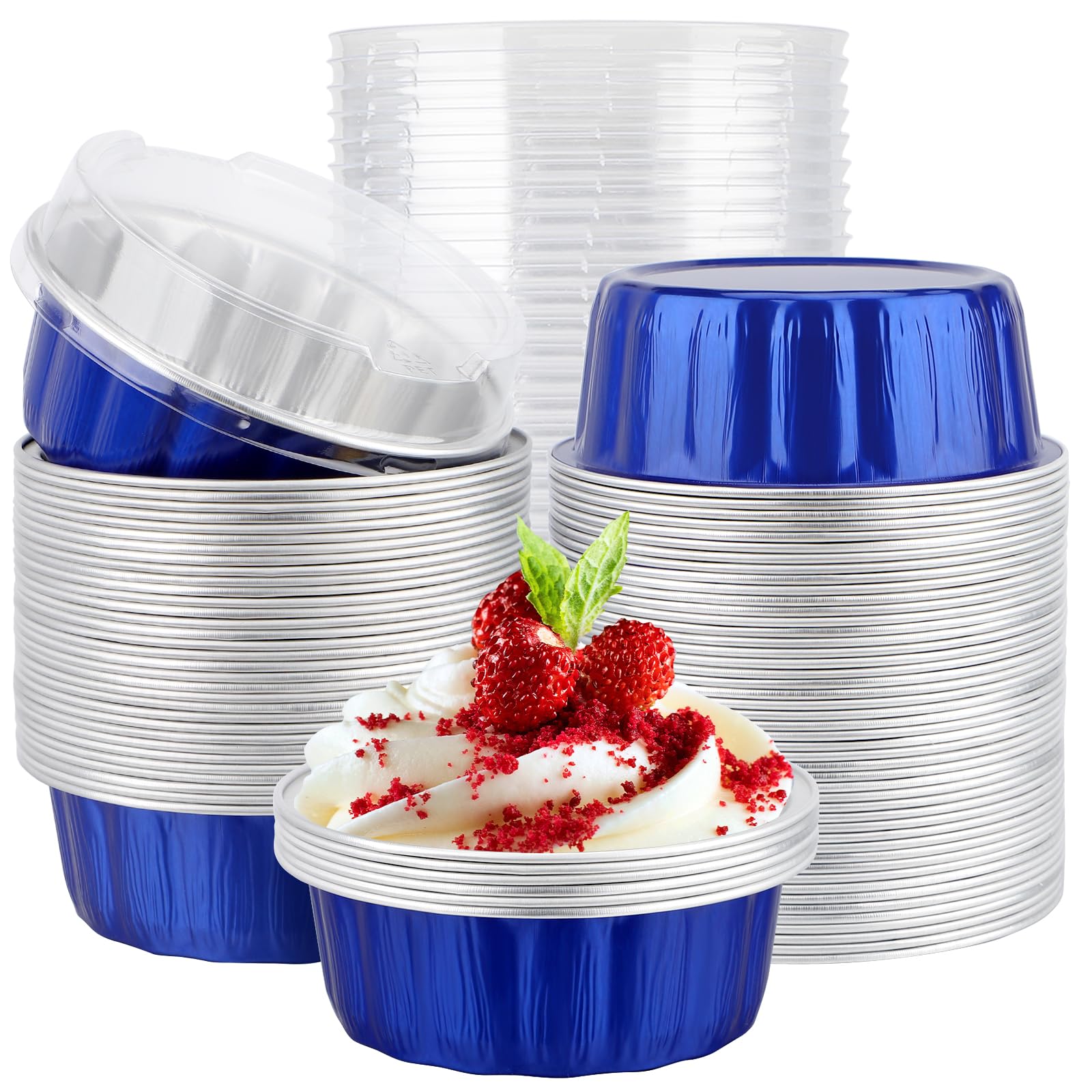 EUSOAR Contenitori per il trasporto di torte, 100 pezzi, 255 g, blu scuro, stampi per torte con coperchio, pirottini usa e getta con coperchio, per cupcake, pane, budini, rotondi, per matrimoni,