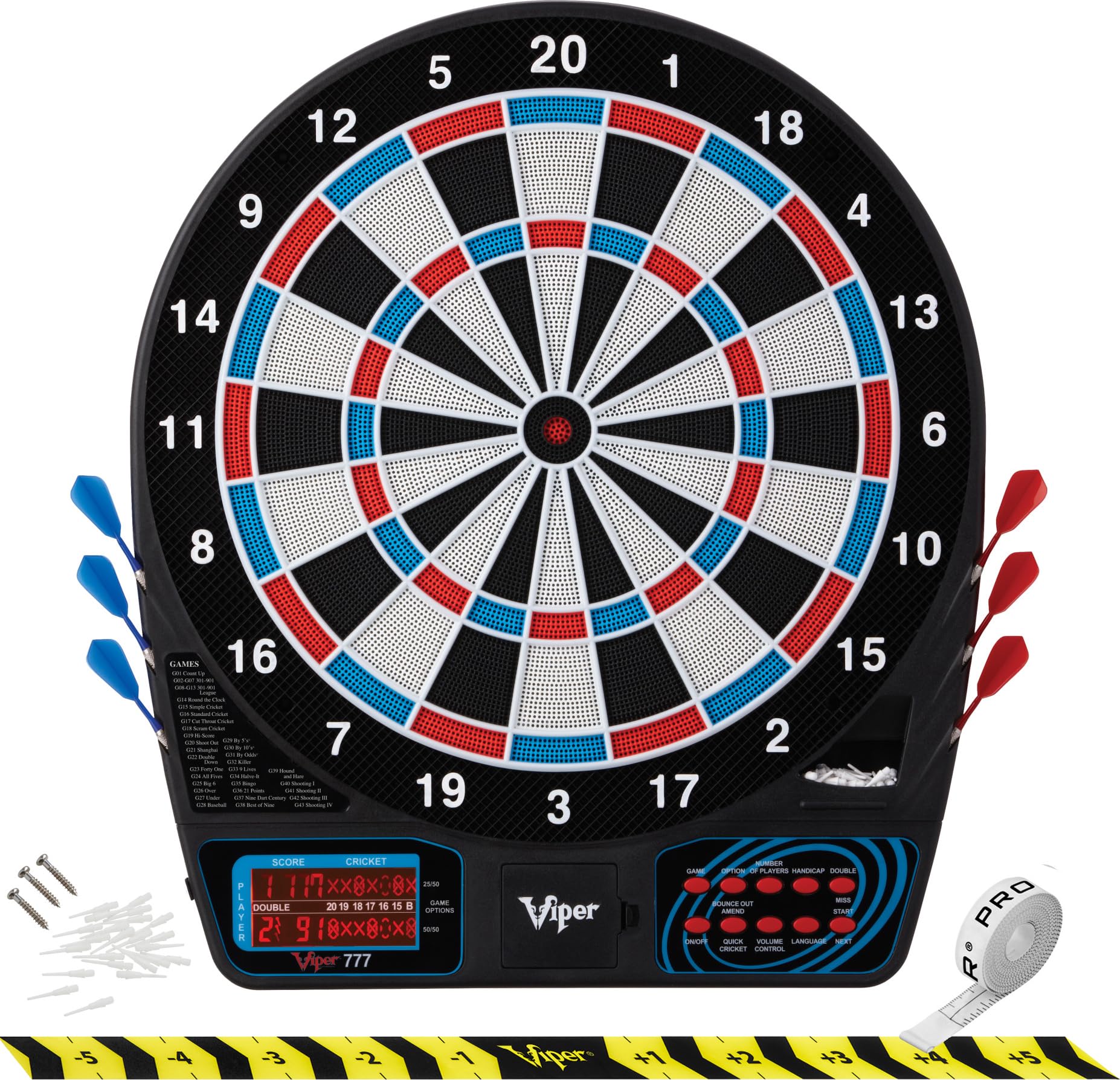 Viper 777 Electronic Dartboard, Easy To Use Button Interface, Red White And Blue Segments, Double Height Cricket Scoreboard, Quick Cricket Key Gets You Into The Game Faster, 43 Games And 230 Options