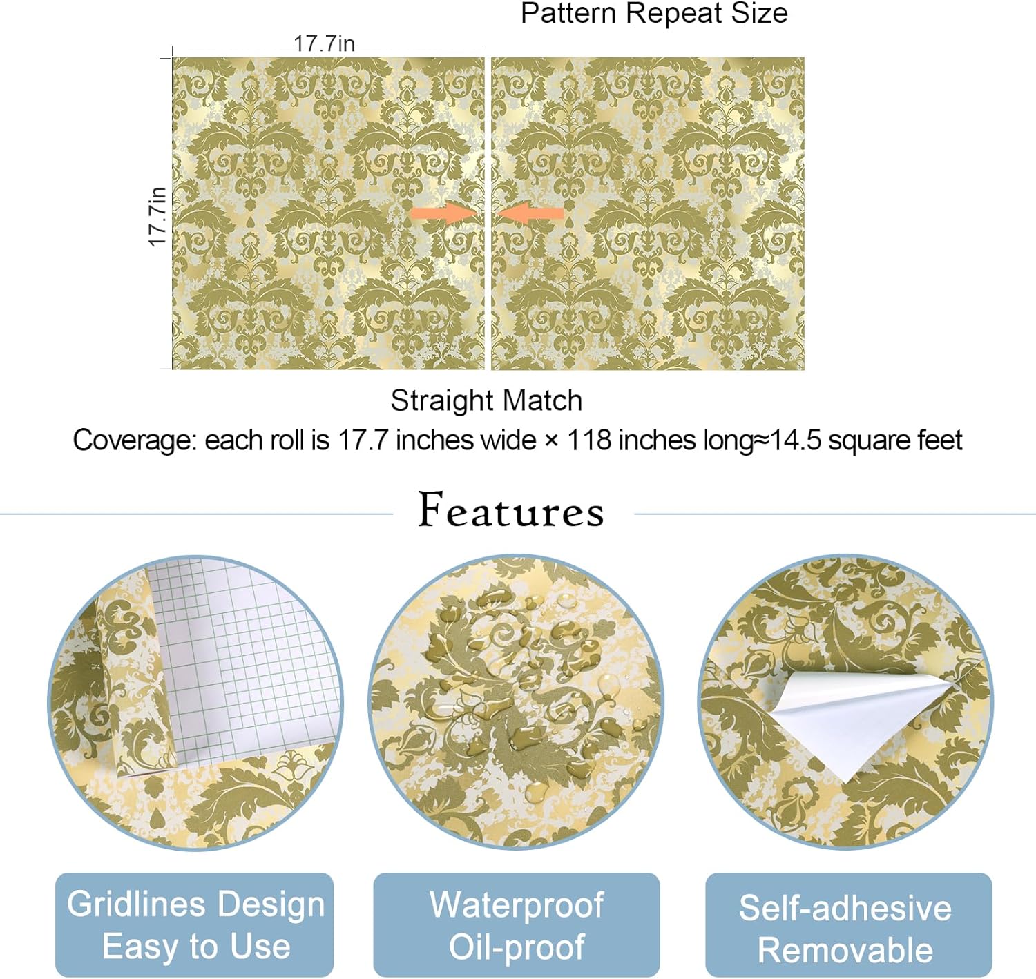VaryStyle Gradient Gold Damask Wallpaper Luxury Victorian Floral Peel and Stick Wallpaper Vintage Baroque Floral Contact Paper for Cabinets 17.7"x118" Removable Self Adhesive Wall Paper for Bedroom