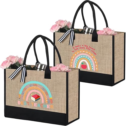 Sanwuta 2 piezas de regalo de agradecimiento para profesores, bolsa de lona de yute arco iris, regalo de cumpleaños de agradecimiento para mujeres,