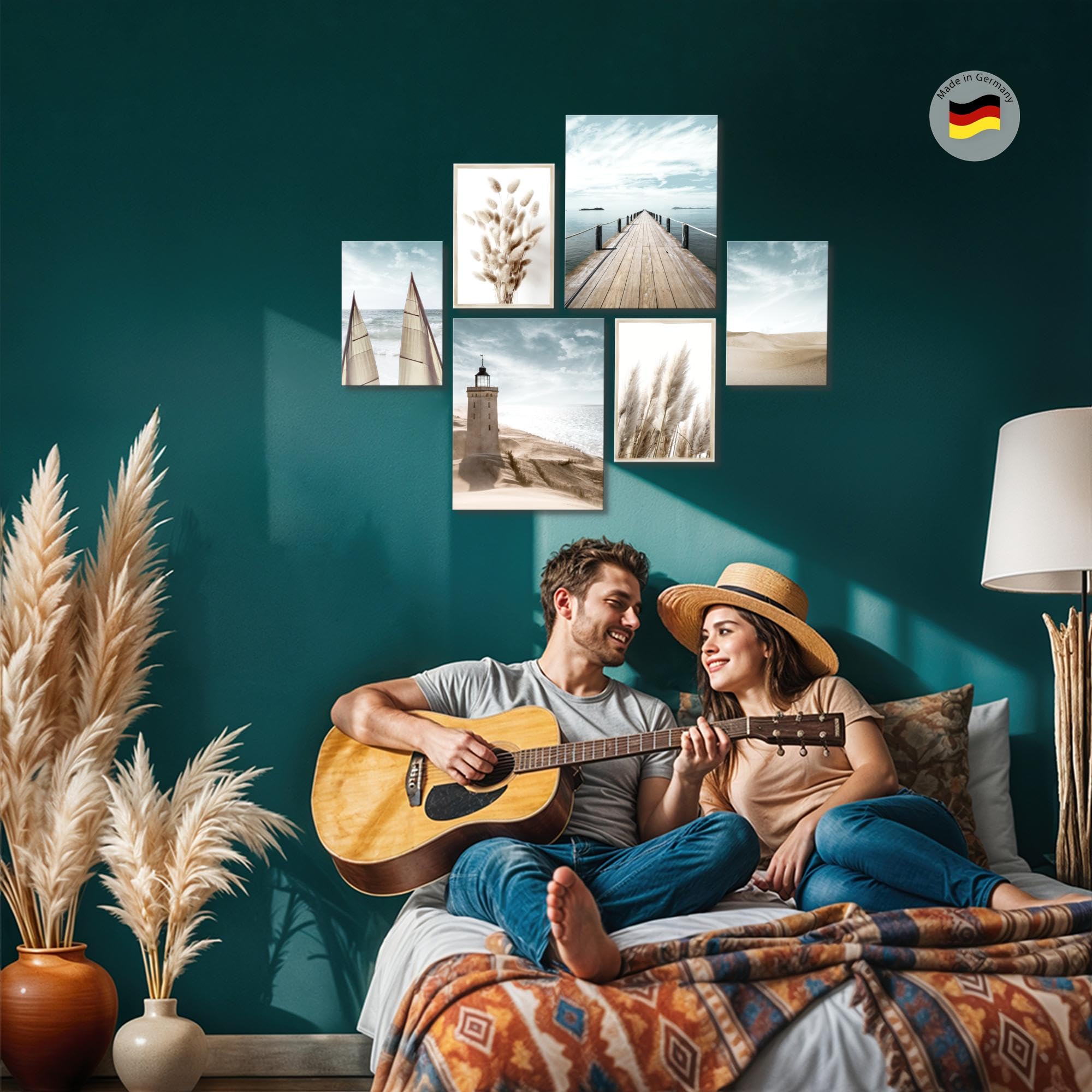 Novart Wandbilder Set Strand Meer Leuchtturm Blau Beige - KEIN EXTRA RAHMEN BENÖTIGT - Modern Deko - Wohnzimmer Schlafzimmer N007163a