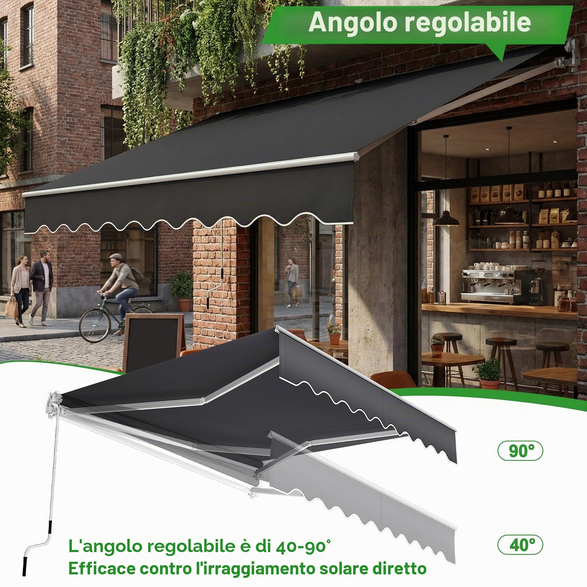 HENGMEI Tenda da sole per balcone, con braccio snodato, 360 x 300 cm, con manovella, protezione solare per cortili, balconi, grigio
