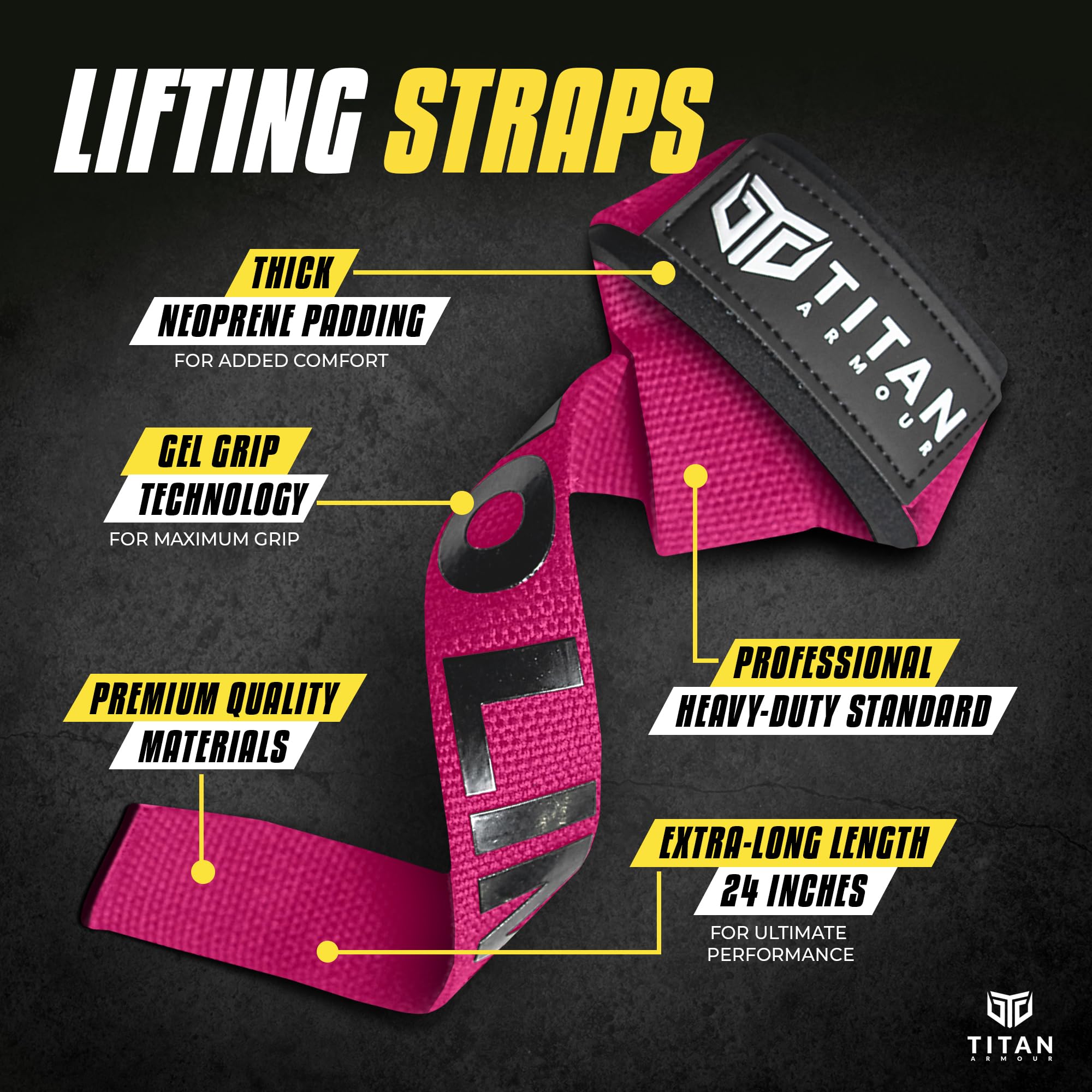 Titan Armour® Weight Lifting Straps, Pink (Gel Grip) - Image 2