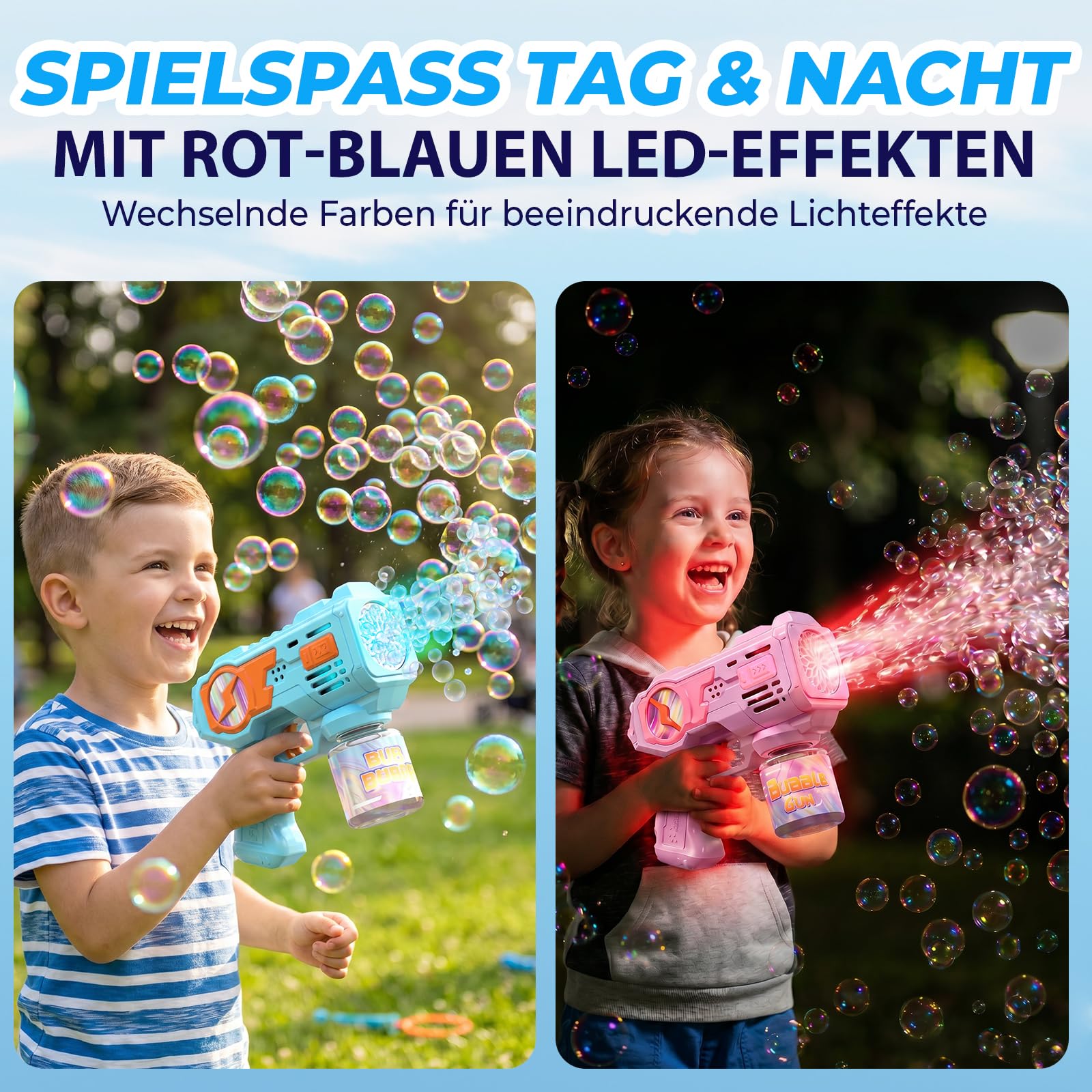 Blubbel 2X Seifenblasenpistole Set - LED Seifenblasenmaschine mit -1L Seifenblasenflüssigkeit, Seifenblasen Pistole - Blasen Kanone Luftblasen Bazooka Bubble Gun - Geschenke für Kinder - Hochzeit