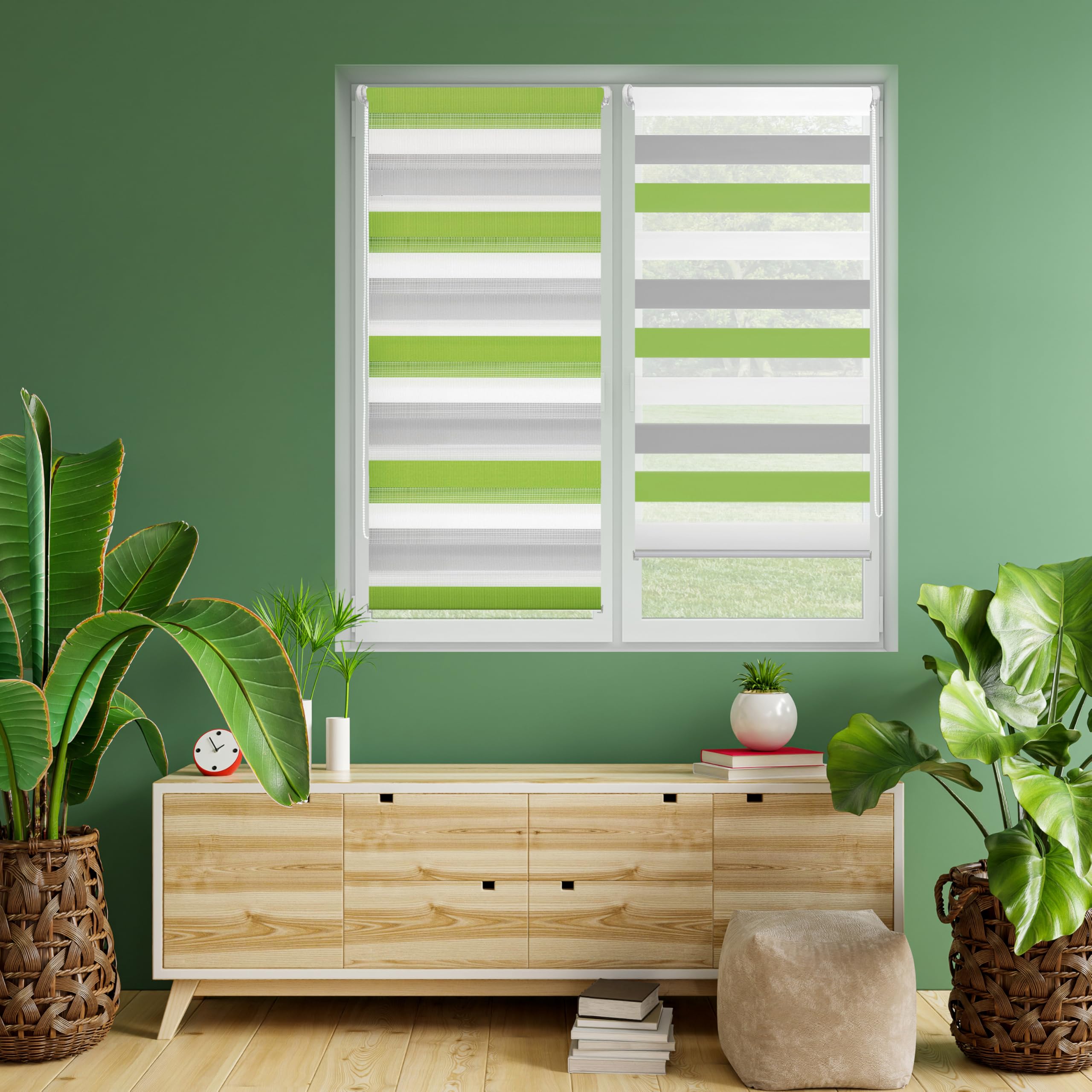 Blindecor Indus Dreifarbiges Rollo ohne Bohren, Doppellagiges Rollo, dreifarbig, Tag und Nacht, Grau, Pistazie, 107 x 180 cm (B x L), Stoffgröße 104 x 175 cm