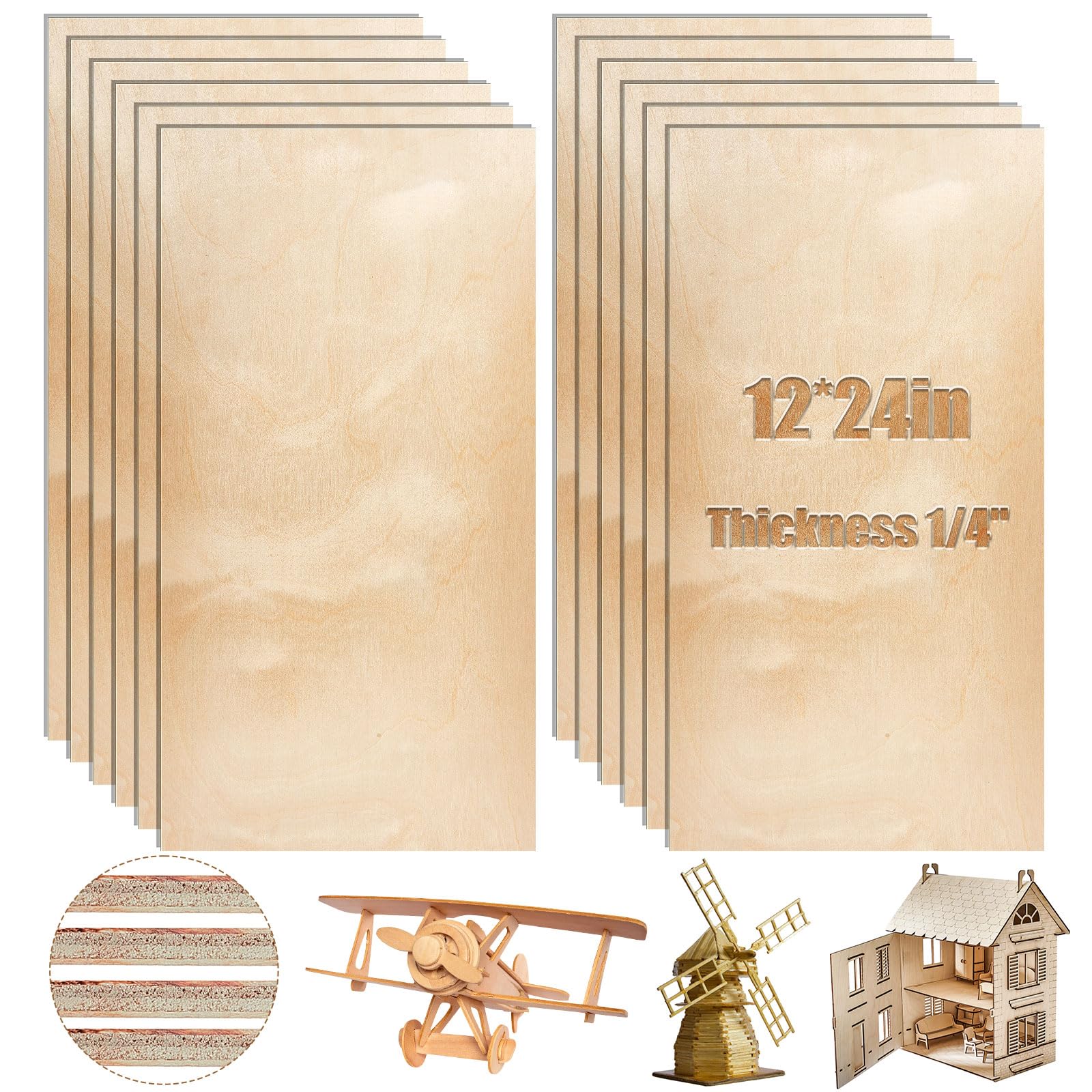Juexica 12 Pcs 6 mm Baltic Birch Plywood 12 x 24 Inch Craft Wood Unfinished Plywood Sheets for Laser Cutting Engraving Burning DIY Crafts Drawing Painting Projects