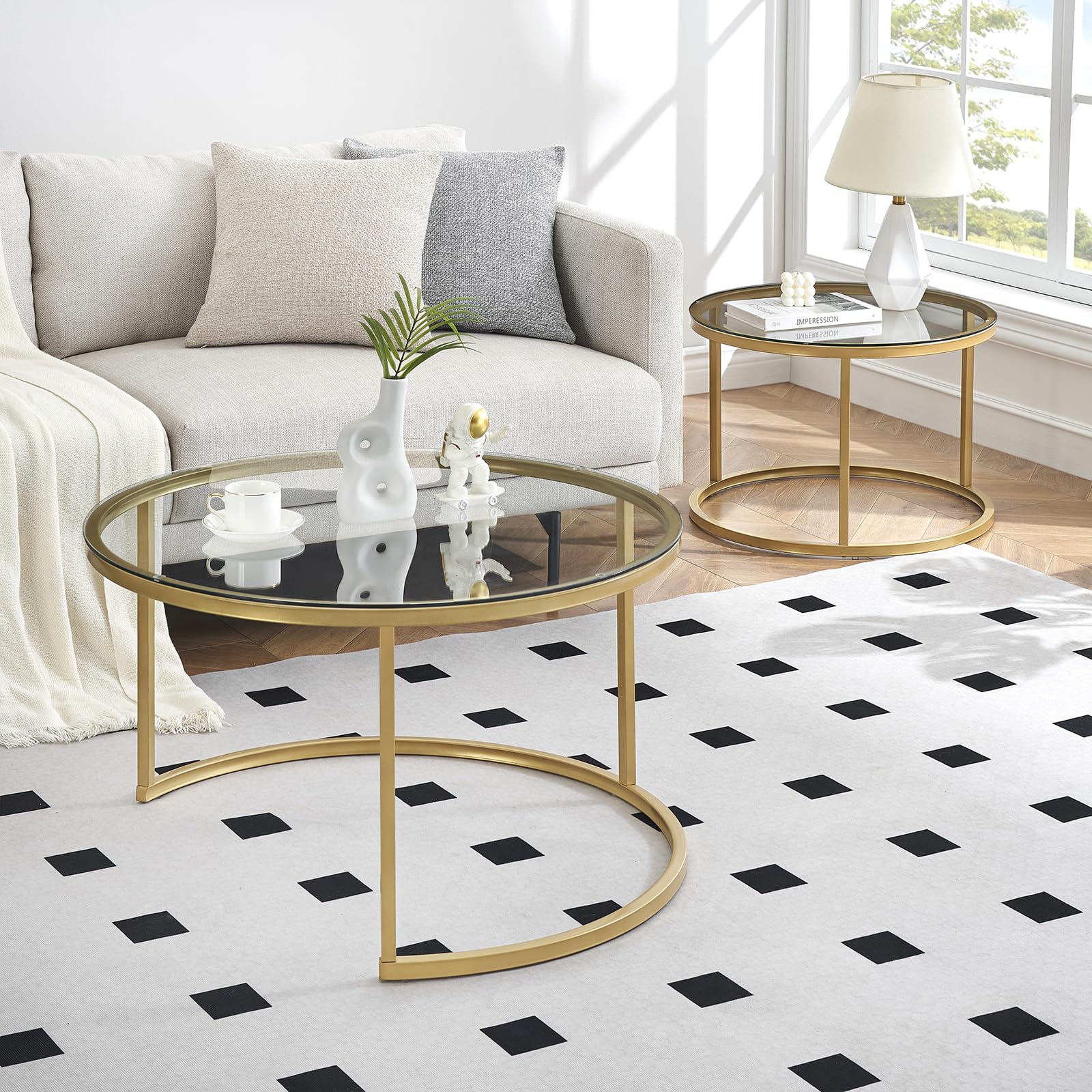Mesas de centro doradas, mesa de café de cristal con estructura metálica dorada, juego de 2 unidades, mesa de salón redonda, mesa de salón, mesa para el sofá, 80 x 80 x 45 y 60 x 60 x 35 cm