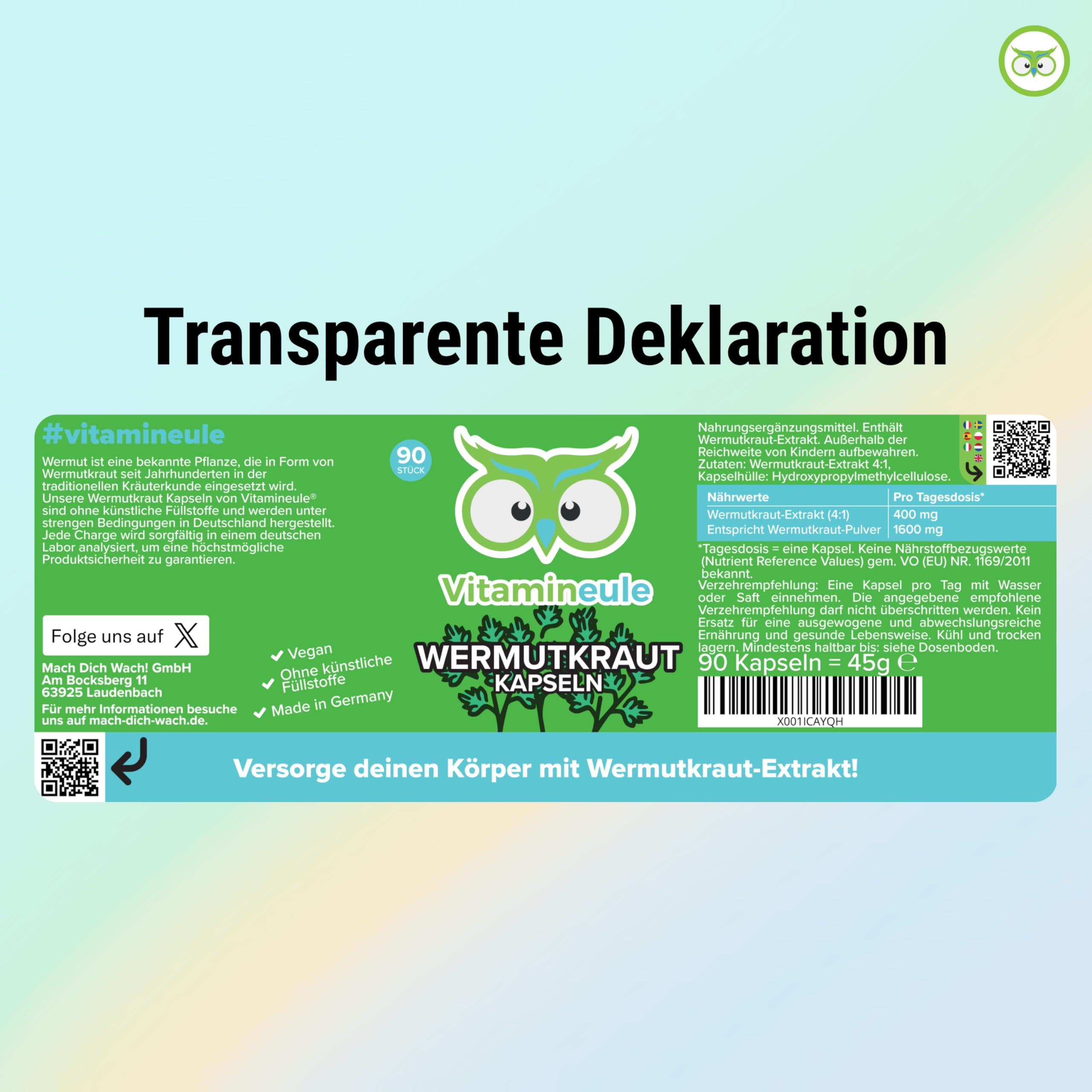 Wermutkraut Kapseln - hochdosiert 1600 mg (400 mg 4:1 Extrakt) - bioaktiv & vegan - 90 Kapseln - Produktion in Deutschland - ohne Zusätze & laborgeprüft - Vitamineule®