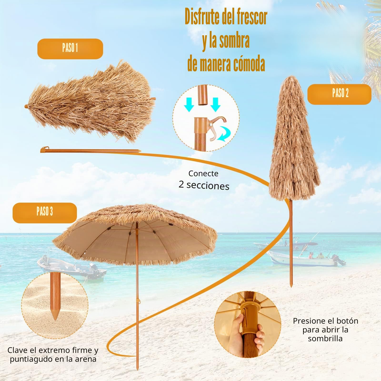 COSTWAY Sombrilla hawaiana, diámetro de 205 cm, sombrilla de paja, sombrilla de jardín, sombrilla de paja, sombrilla de mercado, sombrilla de terraza para jardín, balcón, playa