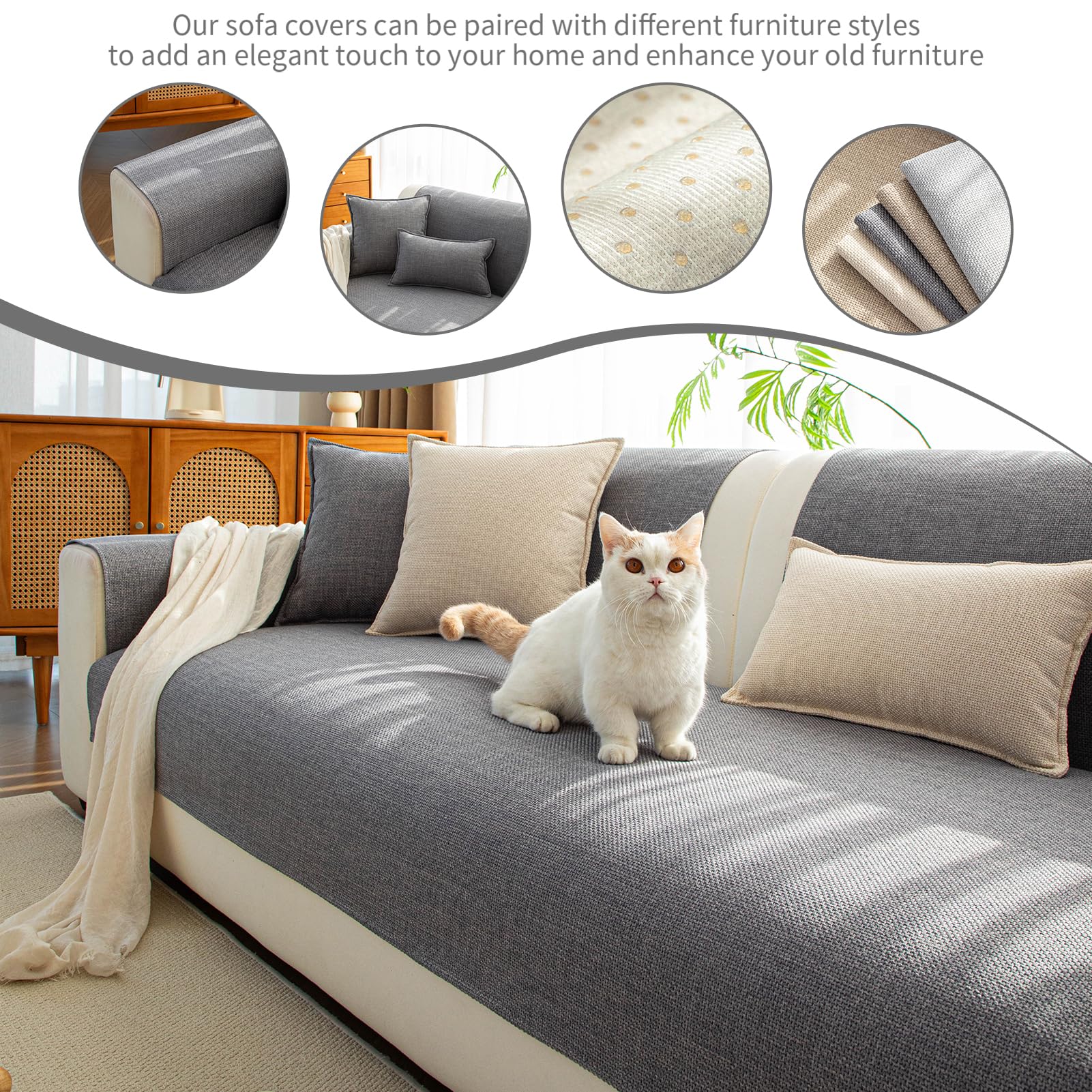 Housse de canapé lavable en coton doux et lin pour animaux domestiques - Housse de canapé antidérapante pour canapé sectionnel - Protection de meubles pour animaux domestiques