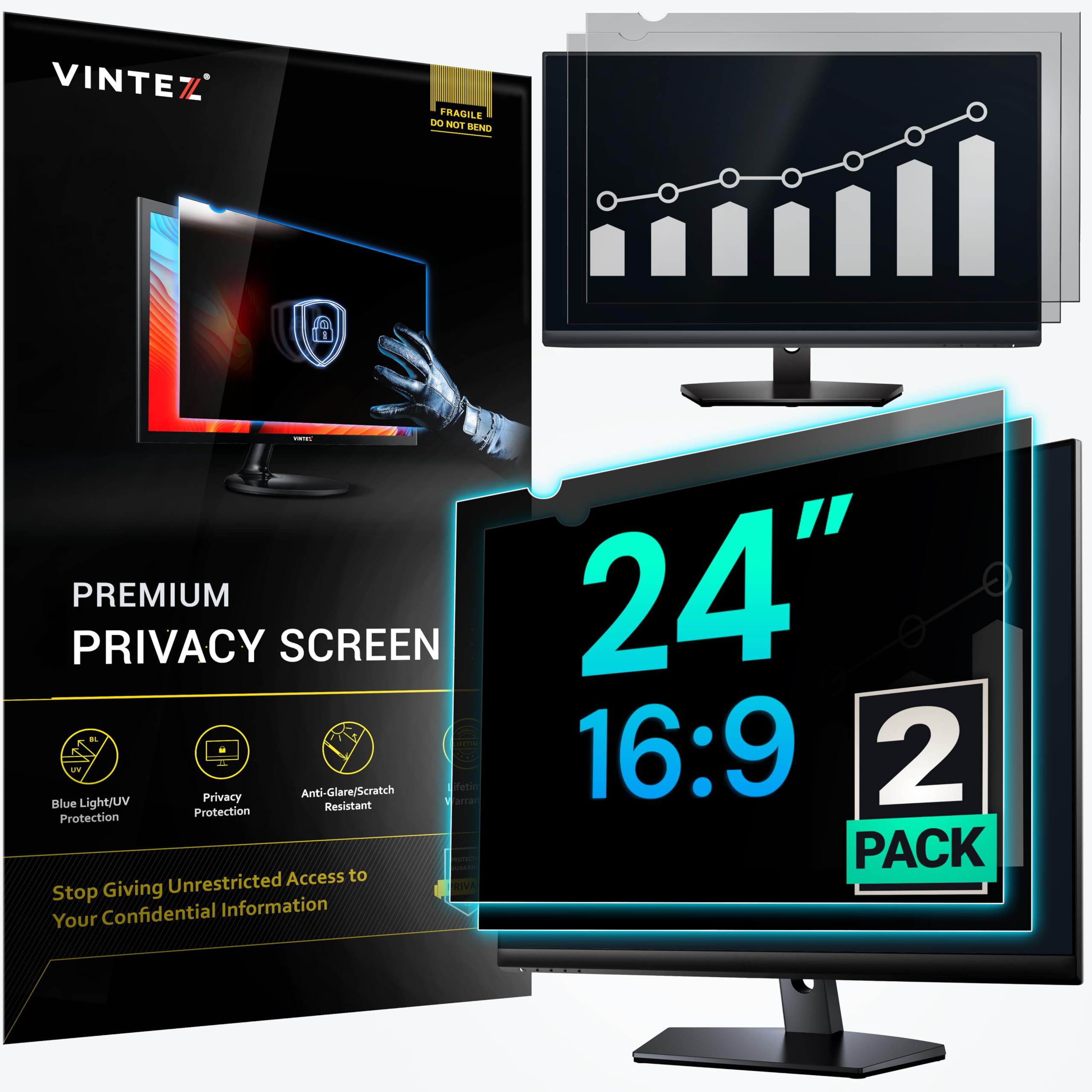 VINTEZ [2 Pack] 24 Inch 16:9 Privacy Screen for Computer Monitor and Laptop - Anti Glare Protector Film Blue Light Filter Eye Protection - Computer Screen Privacy Shield