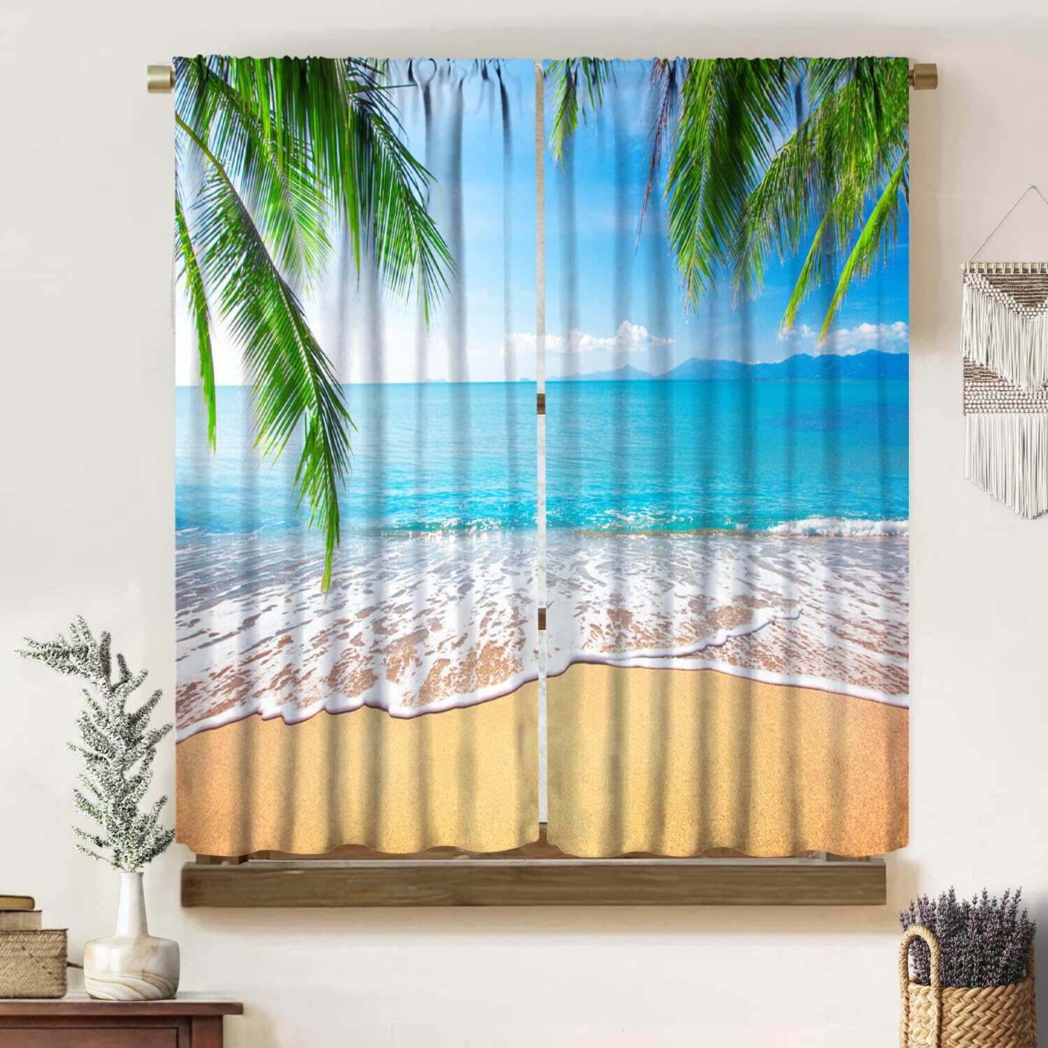 Yoakiet Ocean Blackout Curtains, Summer Tropical Island Palm Tree Seaside Beach Scenery Print Rod Pocket Window Treatments Drapes for Bedroom Living
