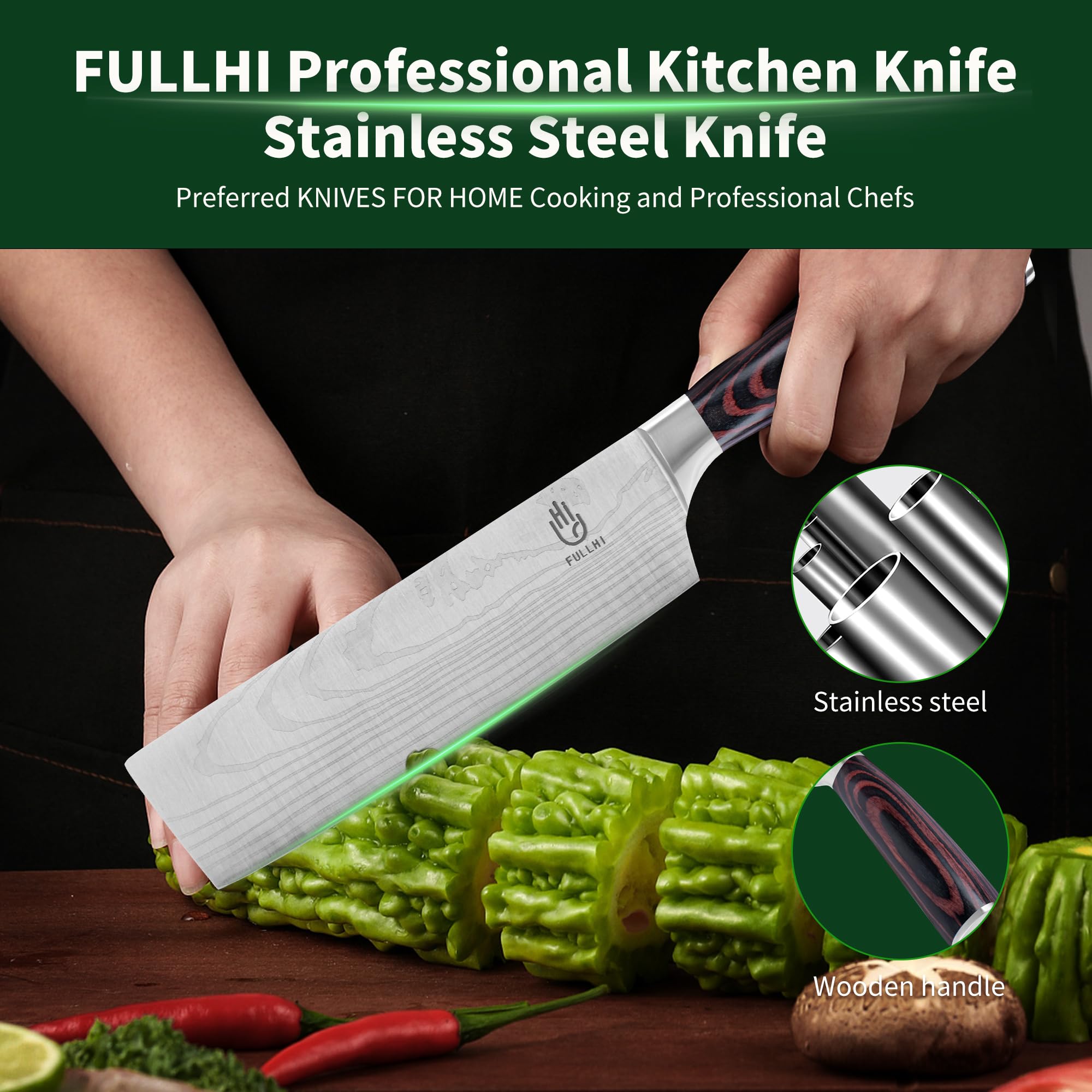 FULLHI Cuchillo Nakiri, Multi Color 7inch Cuchillo Japonés con funda, Acero Inoxidable Cuchillo Cocina Carne Verdura con Guarda (Madera Café)