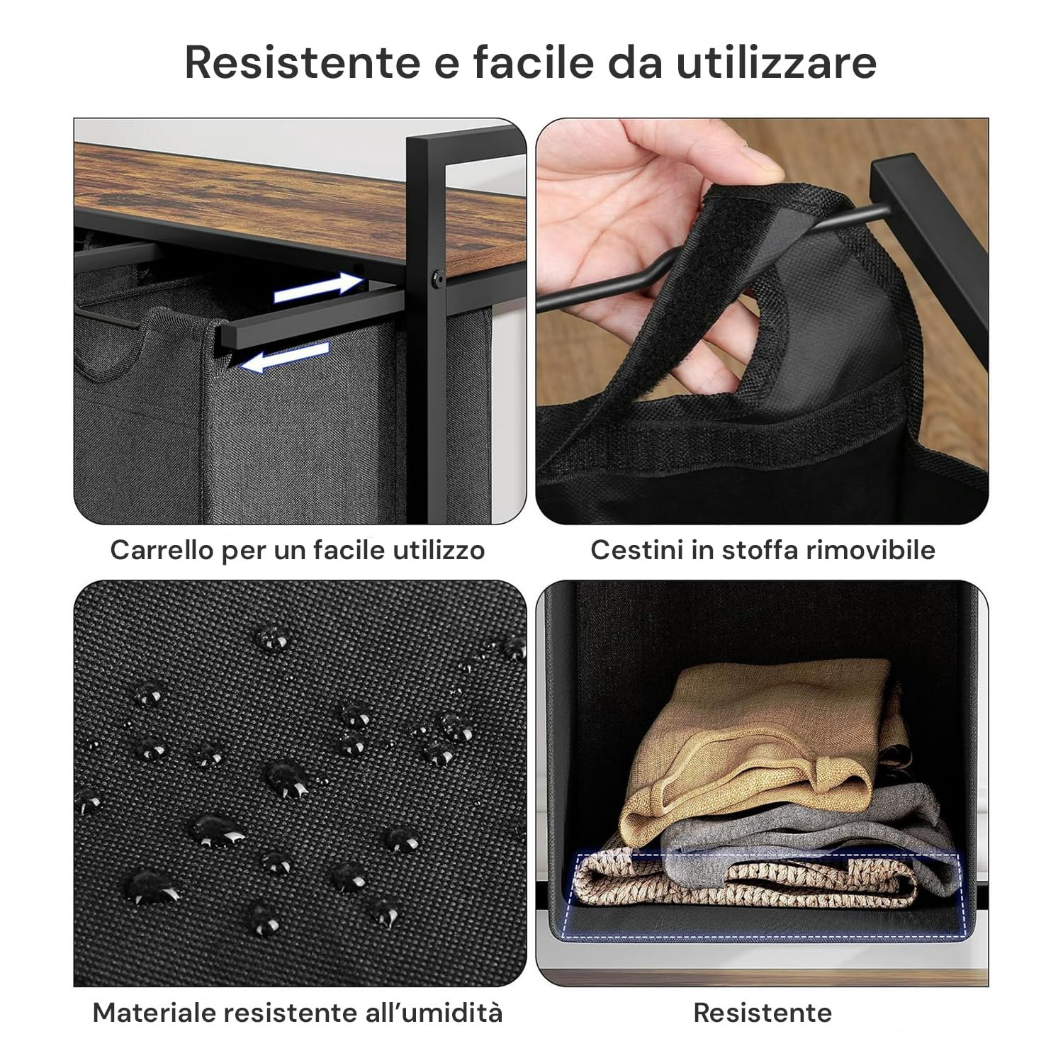 Cesto Portabiancheria Triplo con Sacchi Estraibili 3x38L, Ripiano Salvaspazio Nero-Grigio per Organizzazione Chiari e Scuri