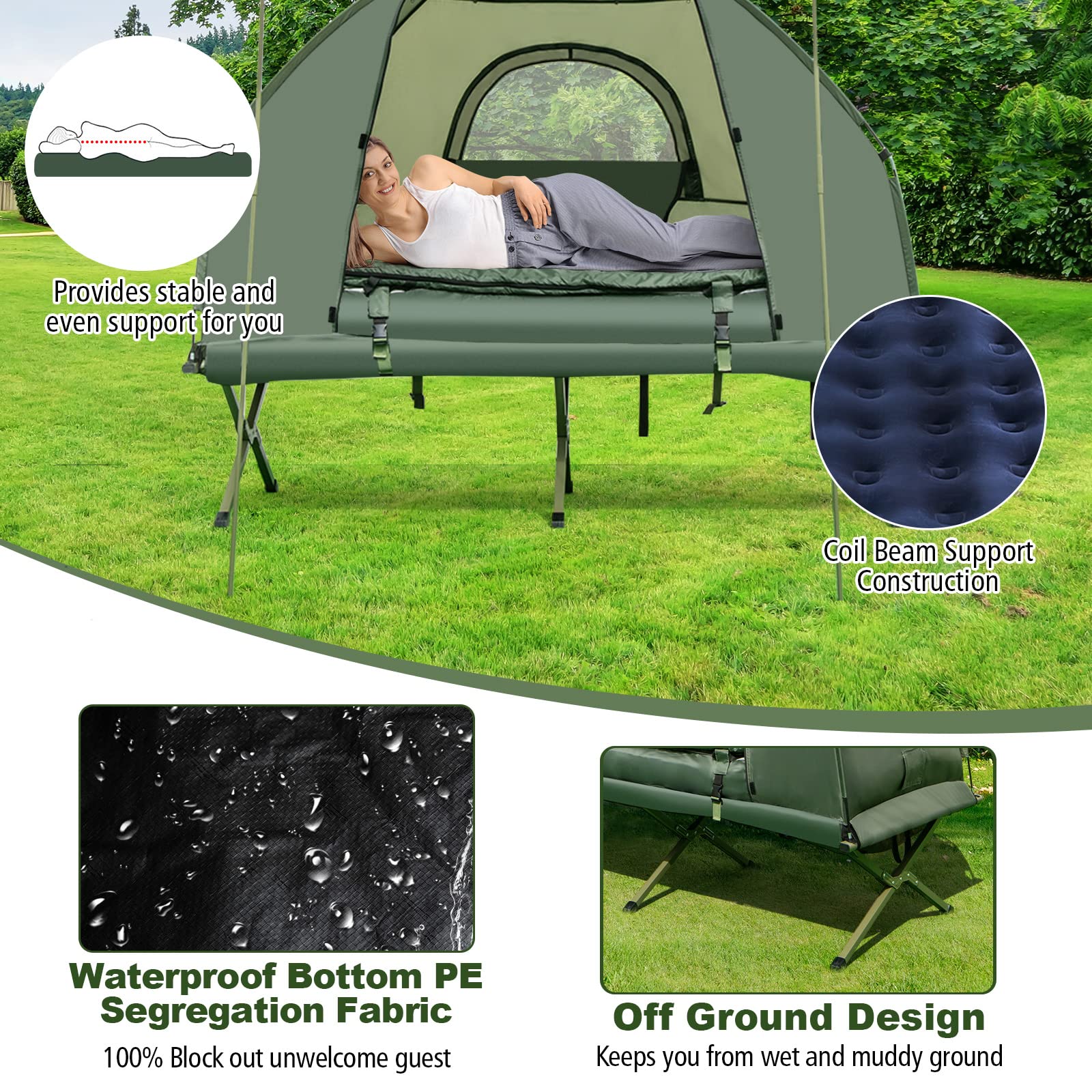 HOMASIS Campaña de Camping con Tienda, Cama de Camping con toldo, Colchón de Aire, Saco de Dormir y Almohada, Tumbona de Camping con Bolsa de Transporte para 1/2 Persona, Verde