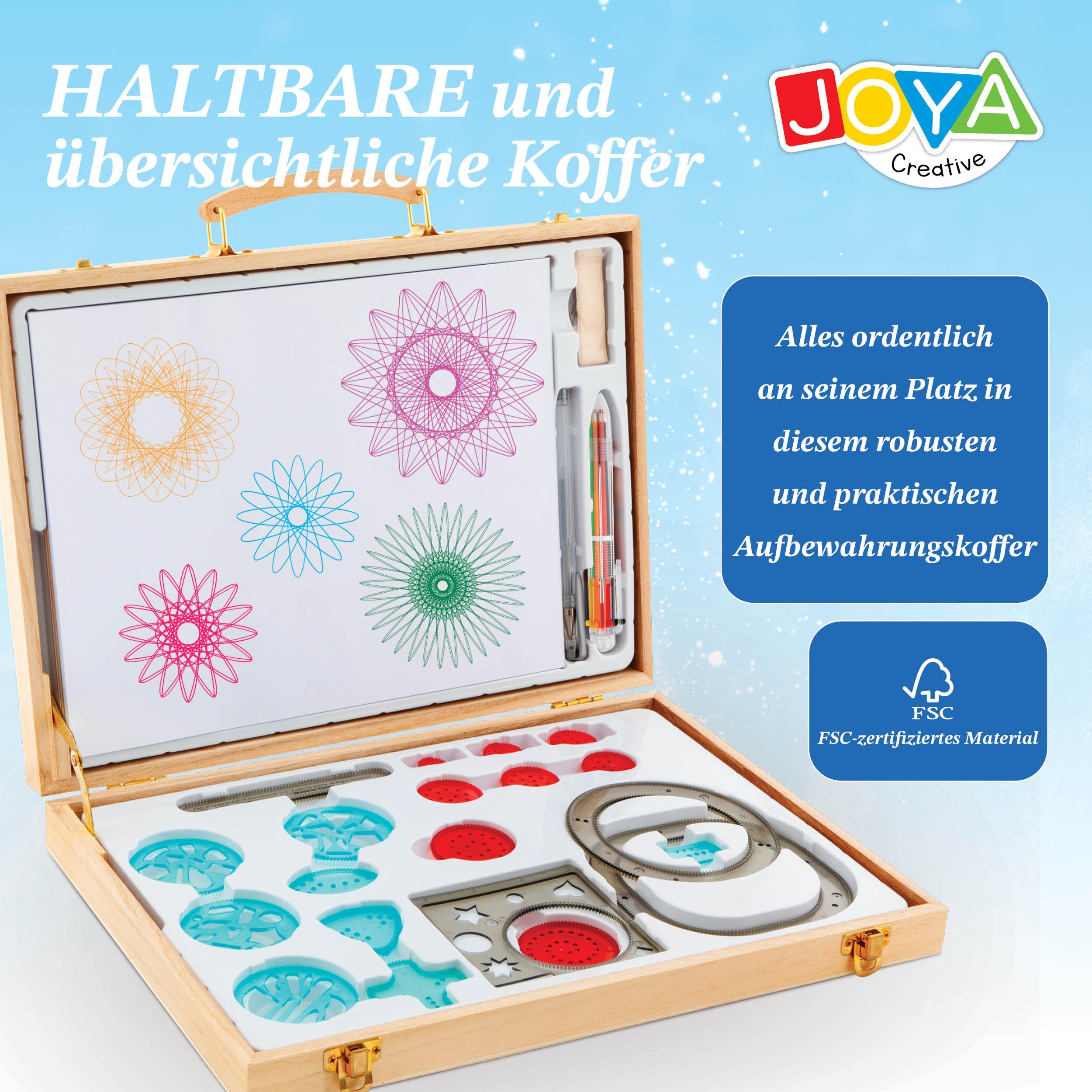 Spiral Art Set für Kinder – 24-teiliges Spirographie-Set in Deluxe-Holzetui – Kreatives Zeichen- und Malset – Spiral Designer für Kinder – Mandala Maker – Zeichenset