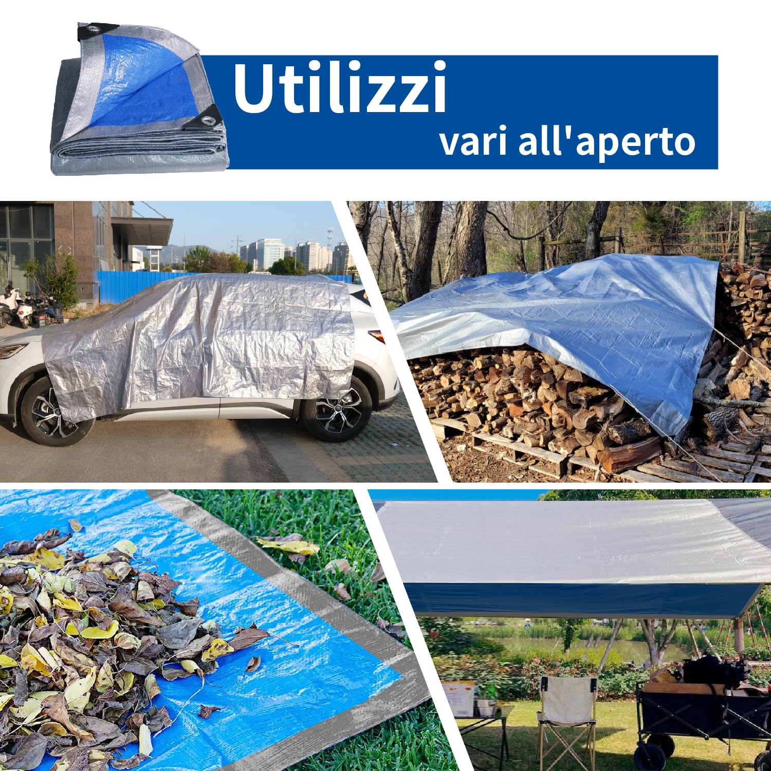 Telone Occhiellato Leggero Argento/Blu Antistrappo Impermeabile Antivento e Resistente ai Raggi UV per Auto,Camion,RV,Casa,Tenda,Barca,Piscina Telo 65g/m² （3x5）