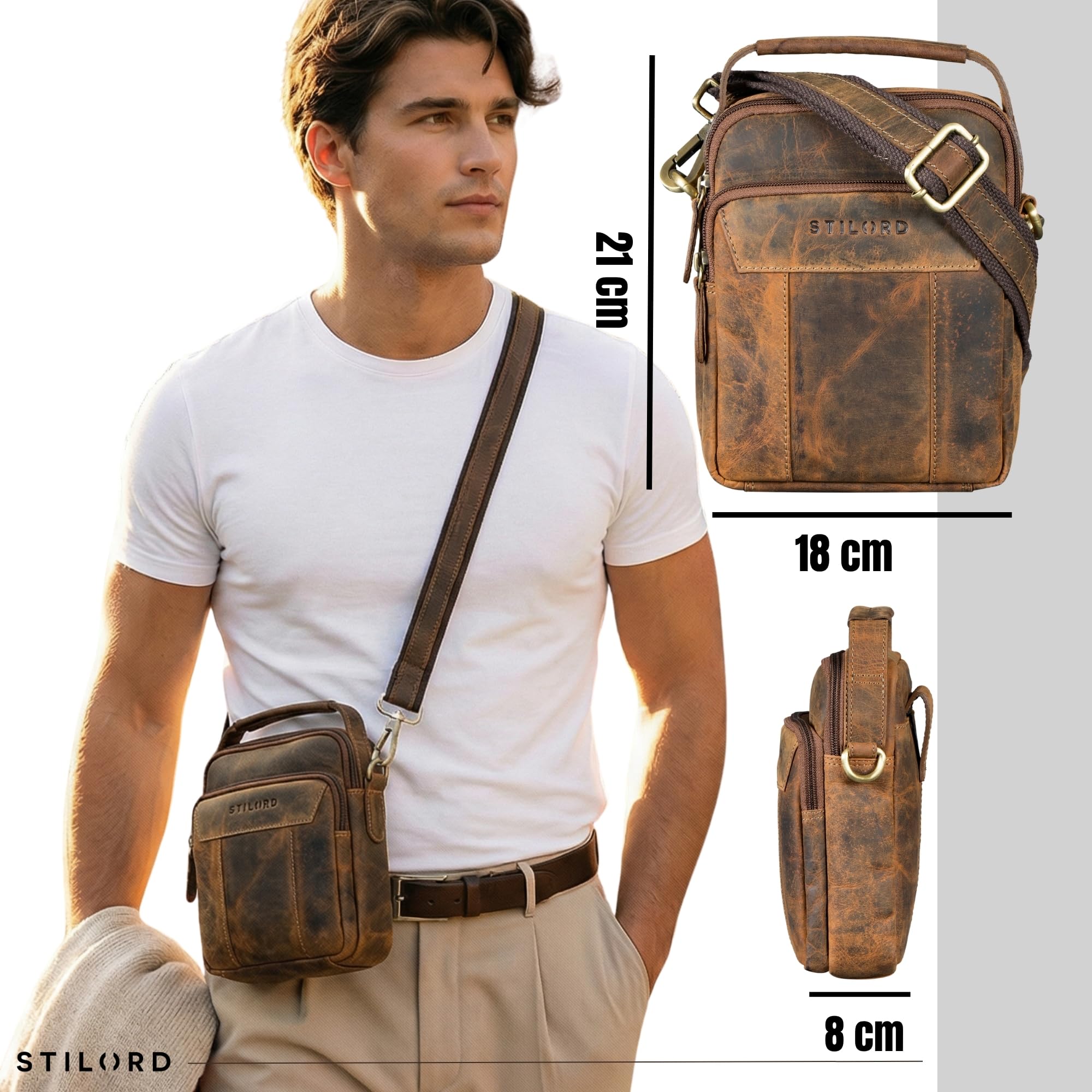 STILORD Nomad Bolso bandolera de piel para hombre pequeño, bolso de hombro, bolso cruzado de piel auténtica, negro
