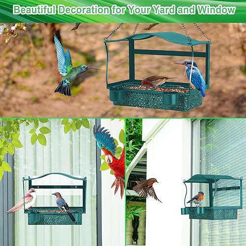 Miniatura 6 de Comedero para pájaros de ventana para exteriores, comederos metálicos para pájaros con cadena para colgar, 3 hojas adhesivas, 2 tazas de agua y