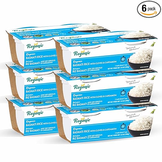 Reganic Organic Basmati Rice, Cloves & Cardamom Infused, Microwaveable, Ready in 60 Seconds, Pack of 6, Halal & Kosher Certified