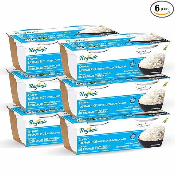 Reganic Organic Basmati Rice, Cloves & Cardamom Infused, Microwaveable, Ready in 60 Seconds, Pack of 6, Halal & Kosher Certified