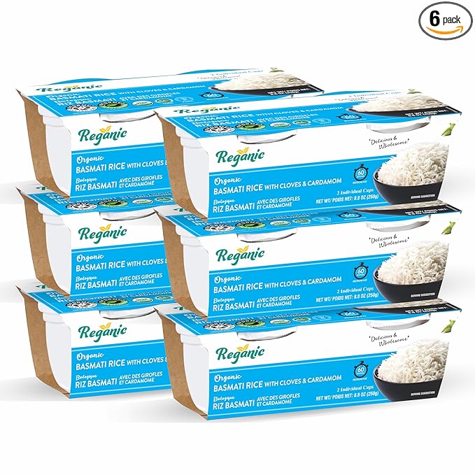 Reganic Organic Basmati Rice, Cloves & Cardamom Infused, Microwaveable, Ready in 60 Seconds, Pack of 6, Halal & Kosher Certified