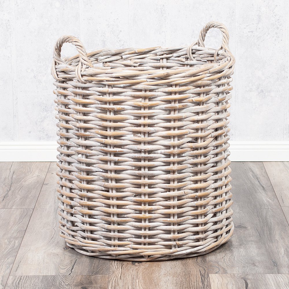 Rattankorb BAKUL rund White 50cm Durchmesser mit Griffen Pflanzkorb Inlay Aufbewahrungskorb Korb