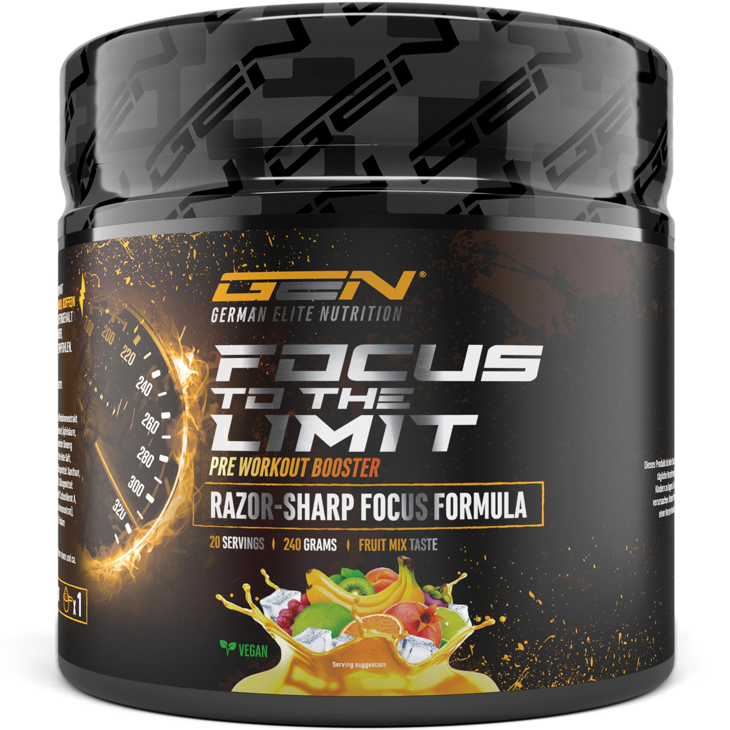 Focus to the Limit - Pre Workout hautement dosé avec L-Tyrosine + Taurine + Inositol + Extrait de Ginkgo + Citicoline + Rhodiola rosea + Caféine & Vitamines - (240 g, goût Mélange de fruits)