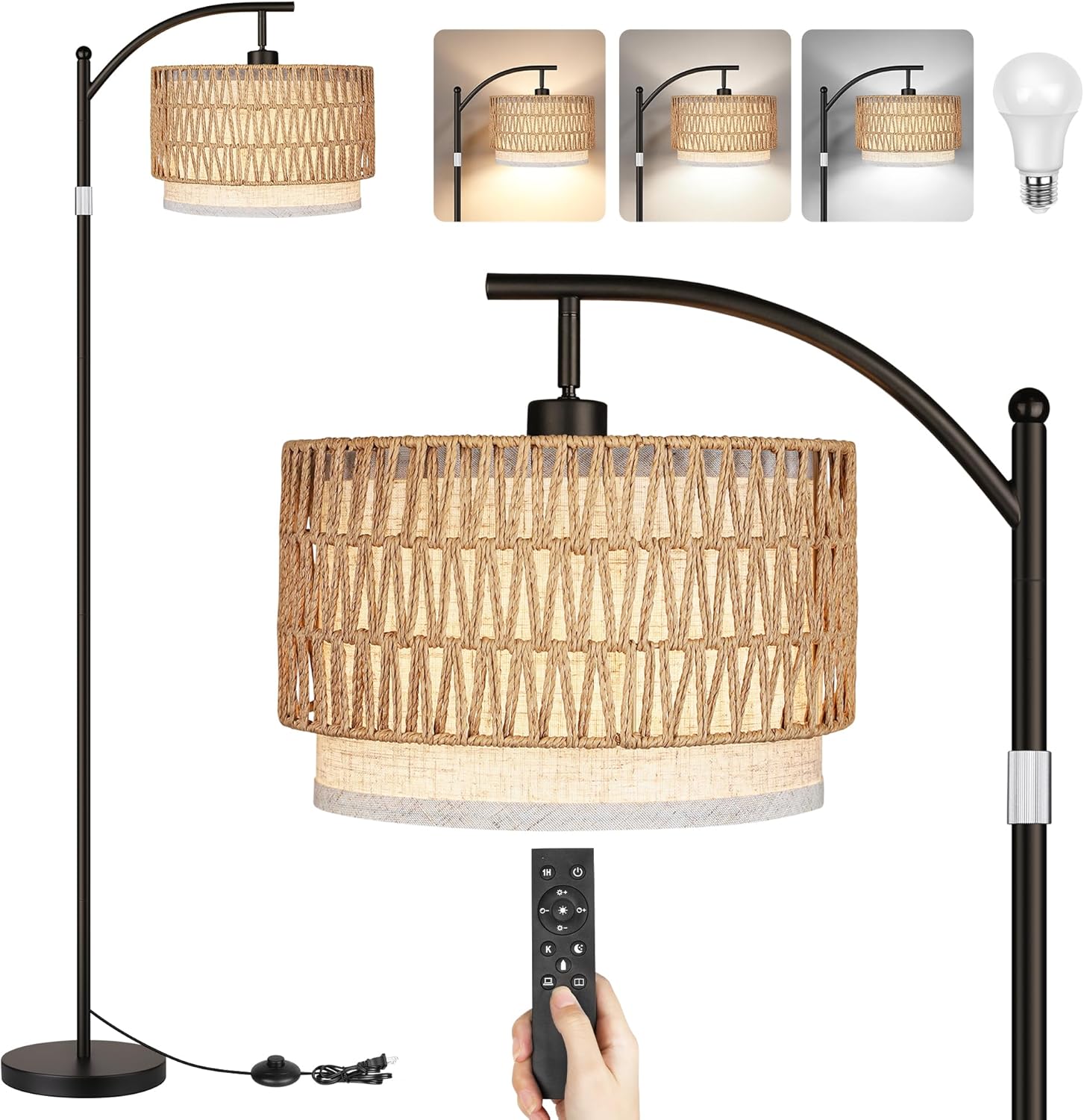 Rattan Floor Lamps for Living Room, Boho Standing Lamps with Rattan& Linen Double Shades, Arc Lamps Floor Standing with 9W Bulb, Foot Switch, Bohemian Floor Lamps for Bedroom, Office-Drum