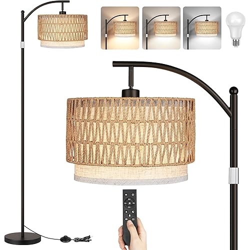ROTTOGOON Rattan Floor Lamps for Living Room, Boho Standing Lamps with Rattan& Linen Double Shades, Arc Lamps Floor Standing with 9W Bulb, Foot Switch, Bohemian Floor Lamps for Bedroom, Office-Drum