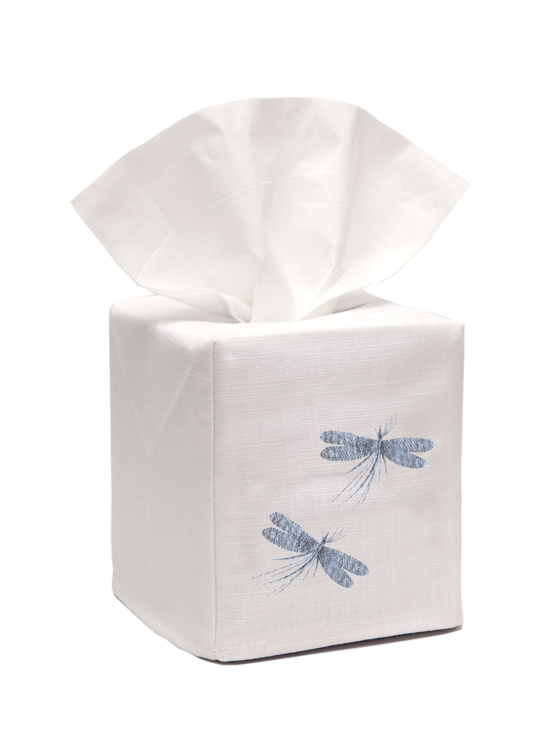 Jacaranda Living Square Luxury Linen Tissue Box Cover – Embroidered Dragonflies (Duck Egg Blue), Decorative & Handcrafted Home Accent for Bed, Bath, Office or Living Room