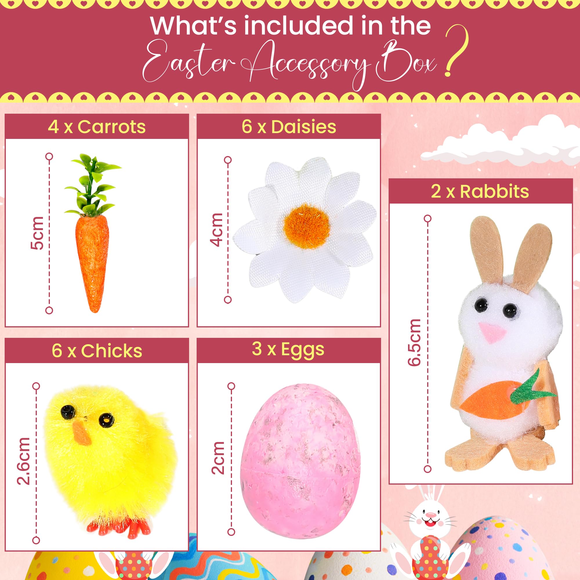 Easter Bonnet Decorations with Fluffy Yellow Chicks, Colourful Polystyrene Eggs, White Rabbits - Image 2