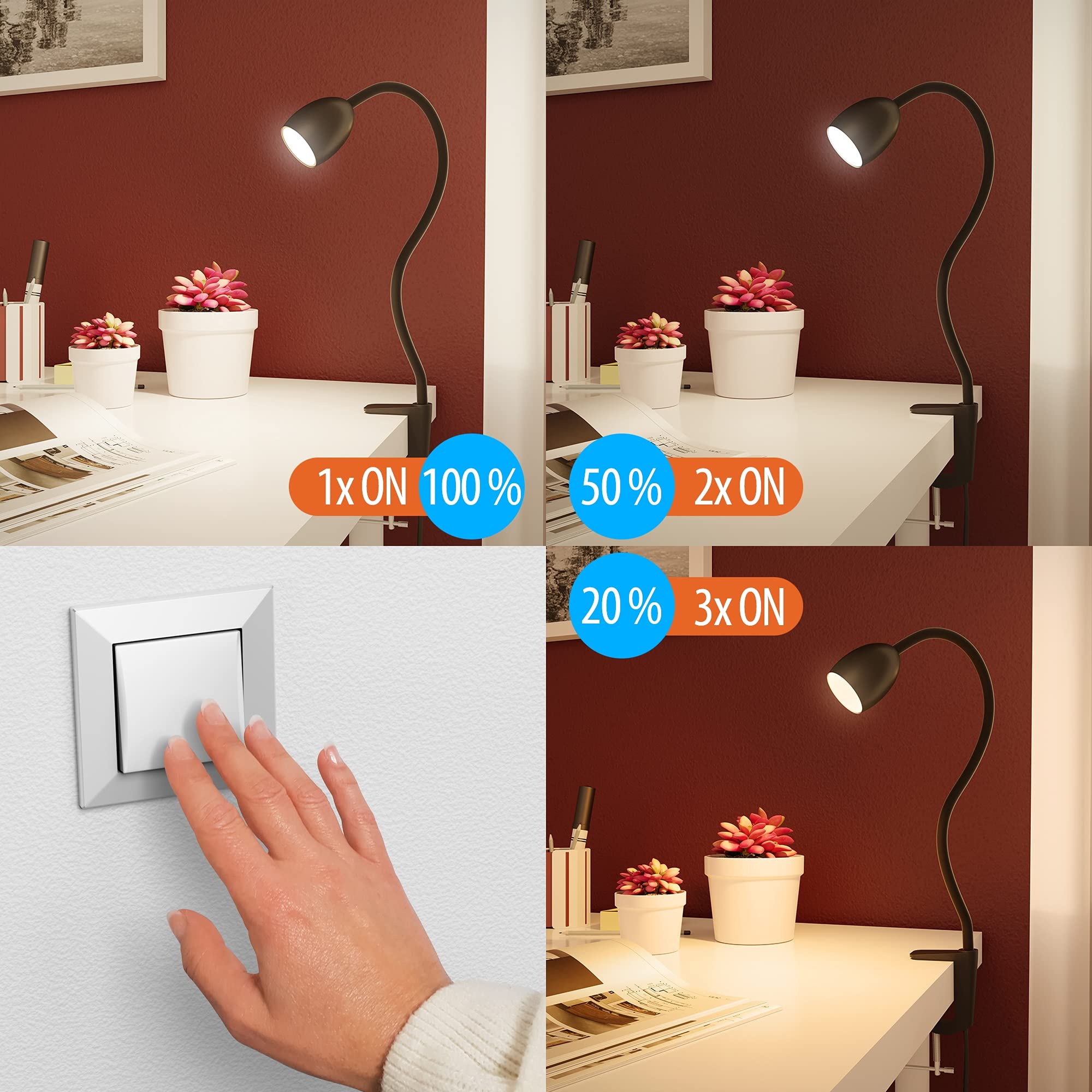 ledscom.de 2x GU10 Lampe à pince KLUK avec col de cygne, noir incl. GU10, variateur à 3 niveaux, blanc, W