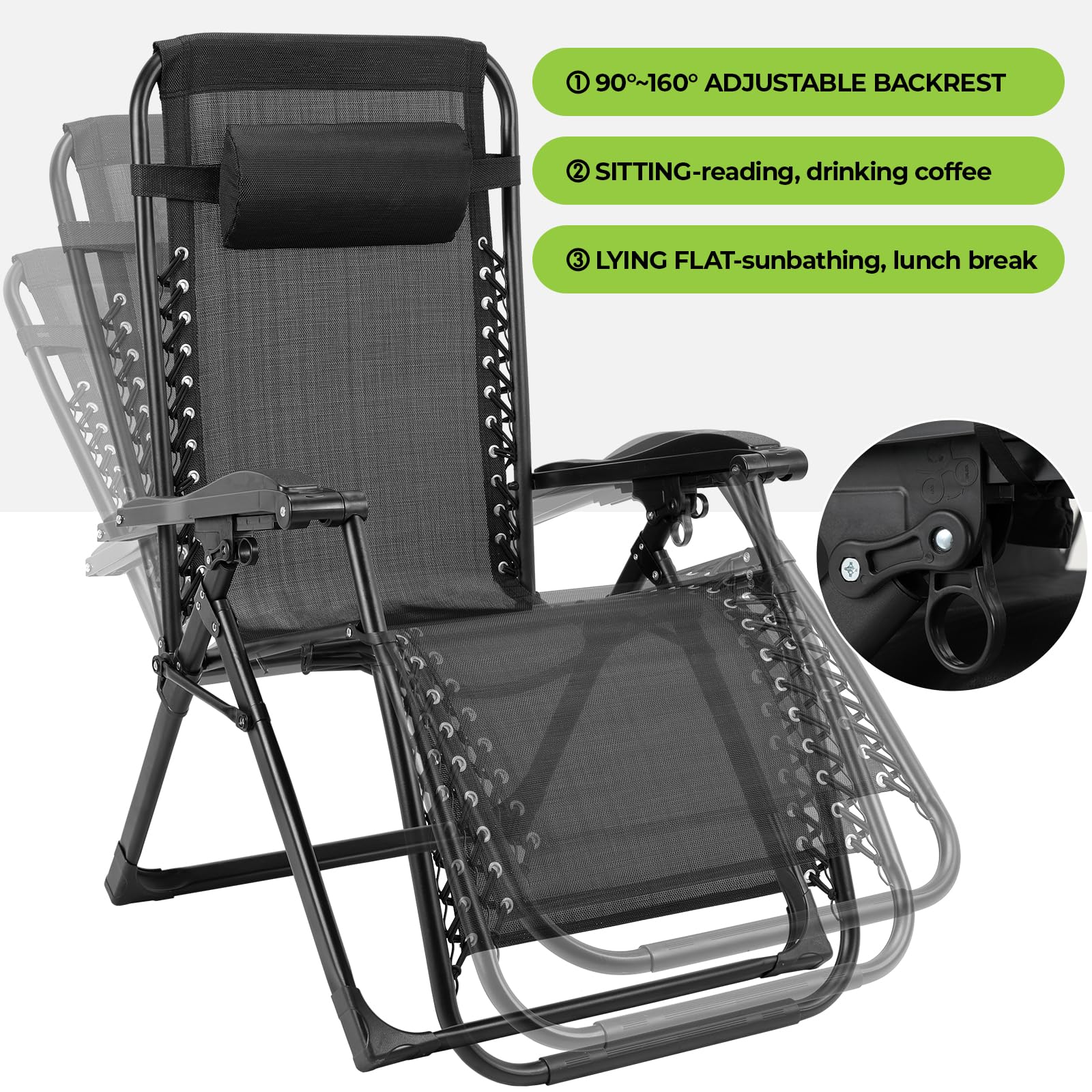 TLGREEN Sonnenliege Klappbar 2er Set, Verstellbare Gartenliege mit Auflage Wasserdicht Abnehmbare Kopfstütze Getränkehalter, Liegestuhl, Klappliege für Balkon, Schwarz