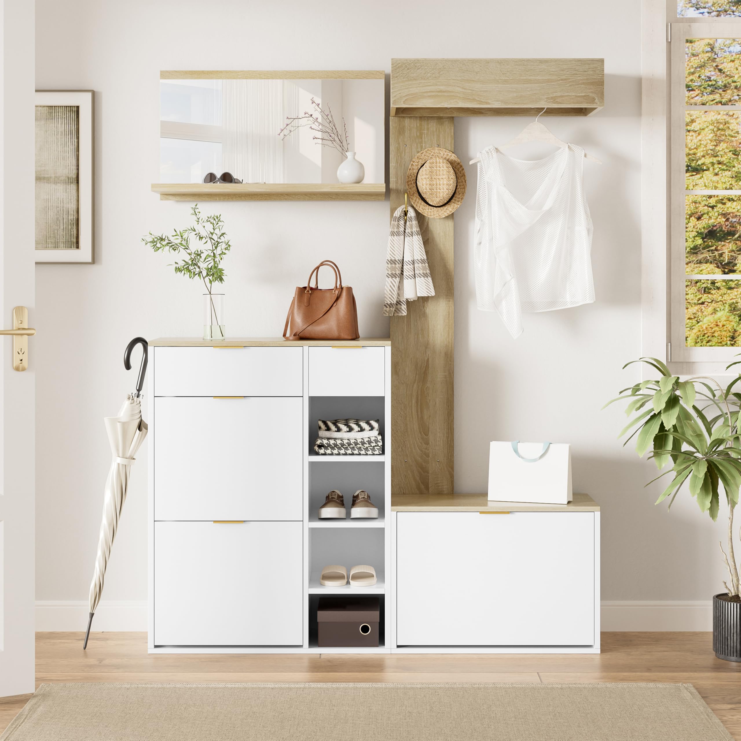 Conjunto de Recibidor de Entrada con Espejo y Ganchos, Perchero de Pared con Banco Zapatero, Juego de Mueble Recibidor con Cajones y Espacio de Almacenamiento, 174x130x30 cm, Natural + Blanco