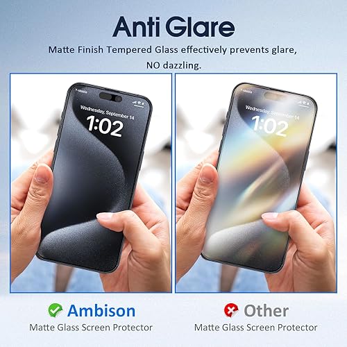 Miniatura 2 de Ambison Paquete de 2 protectores de pantalla de vidrio mate diseñado para iPhone 15 Pro, marco de instalación, sin burbujas, antirreflejos, sin