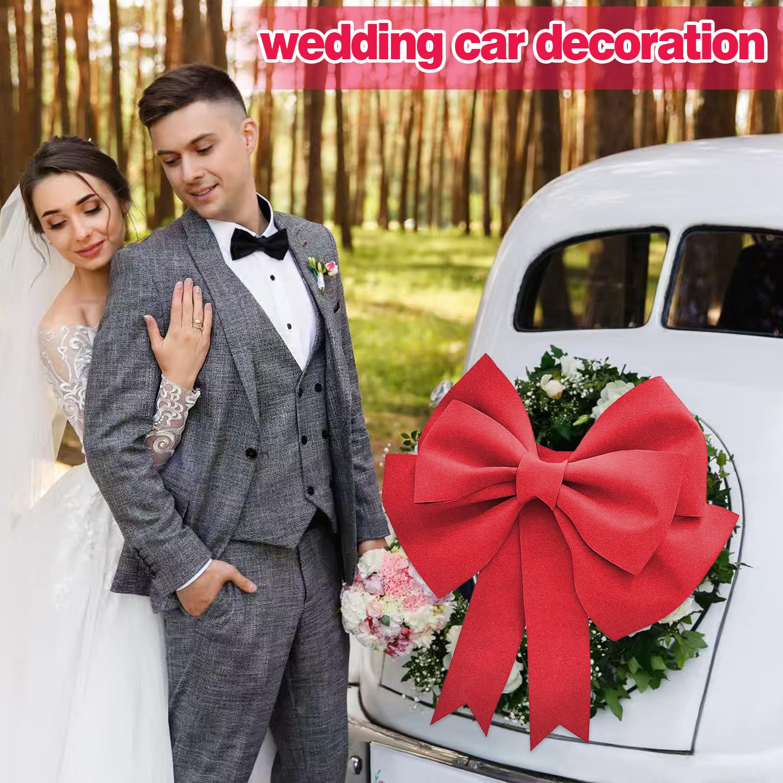 Gros Noeud Cadeau Voiture 50x60cm – Grand Noeud Cadeau Voiture Rouge en EVA, avec Ruban adhésif & Attaches, décoration élégante pour Noël, Mariage, fête, vitrine & Emballage Cadeau