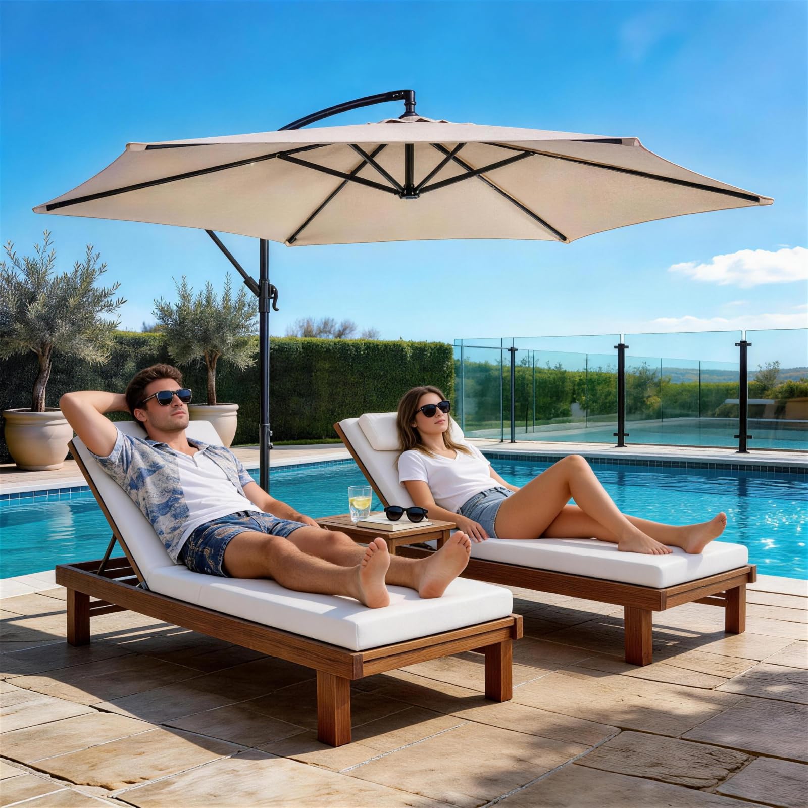 LEADZM Sombrilla de 300 cm de diámetro, sombrilla con manivela y giratoria 360° con 6 costillas, resistente al agua y protección UV, sombrilla de jardín con soporte para jardín, terraza y exterior