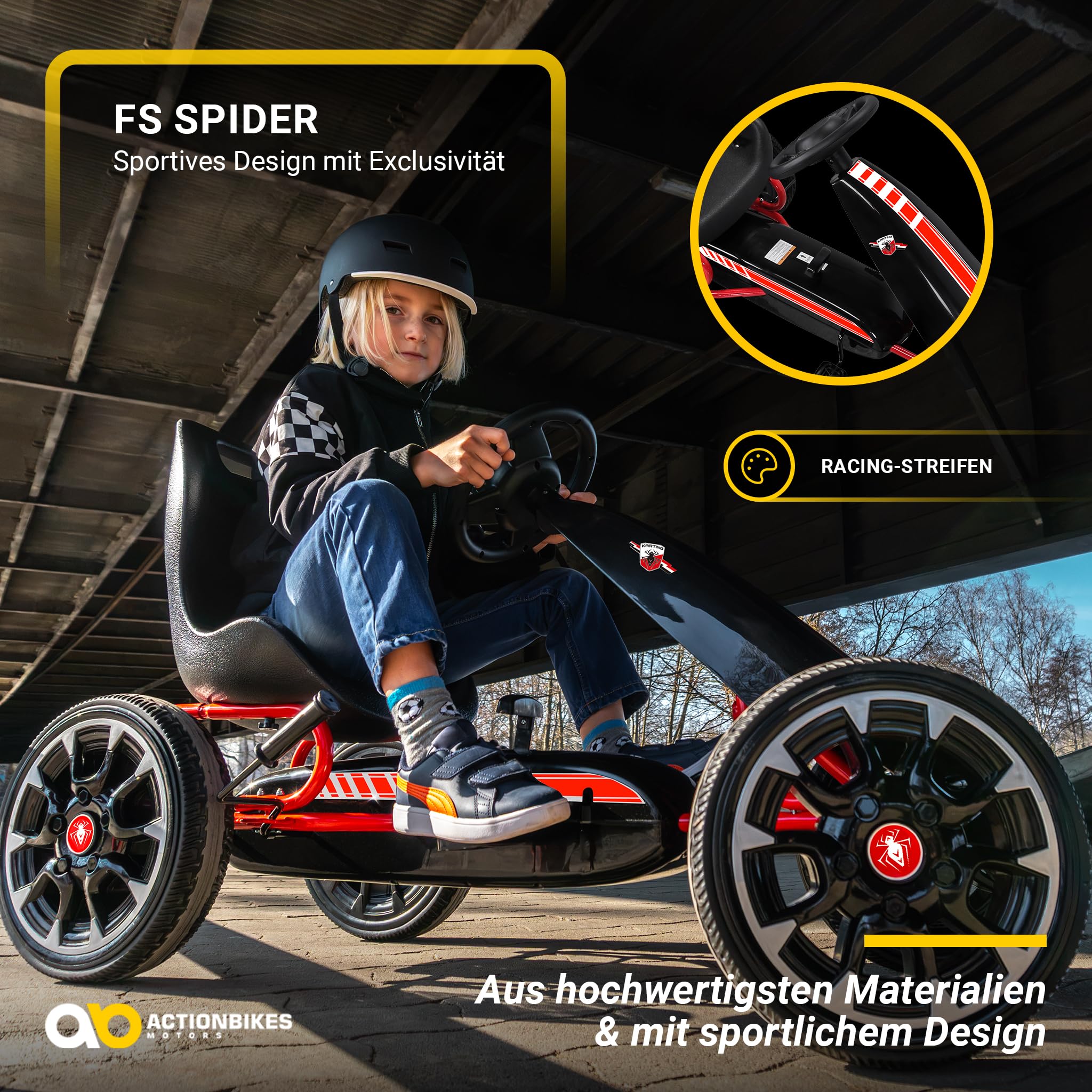 Actionbikes Motors GoKart FS Spider | 2-Rad Antrieb | Handbremse | Kettcar | Go Kart | Kinderauto | Go Cart | Kinder GoKart | Tretauto | Kart | Kinderfahrzeug | Auto für Kinder ab 3 Jahre (Schwarz)