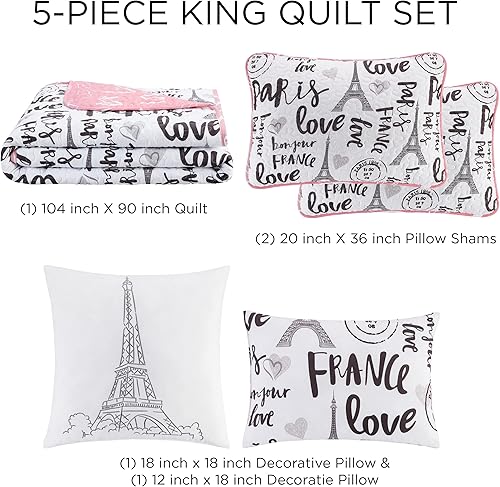 Miniatura 5 de Bonjour, set de 5 unidades de colcha reversible, tamaño queen., RosadoBlancoNegro, King